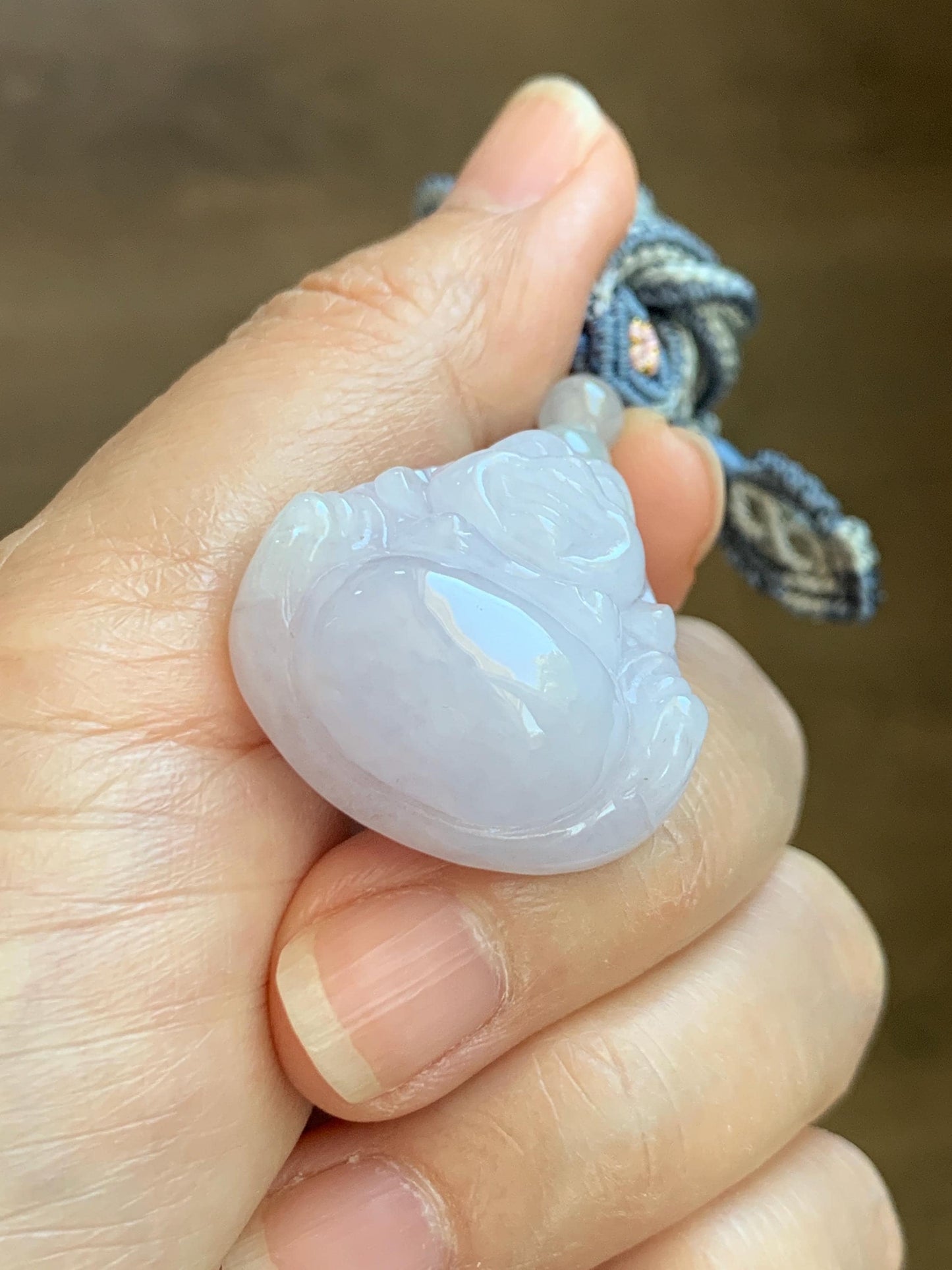 Certified Grade A Natural Icy Translucent Pastel Purple Jade Jadeite Buddha Pendant Rope Necklace 25” 天然冰淡紫底翡翠佛公吊坠项链 1164