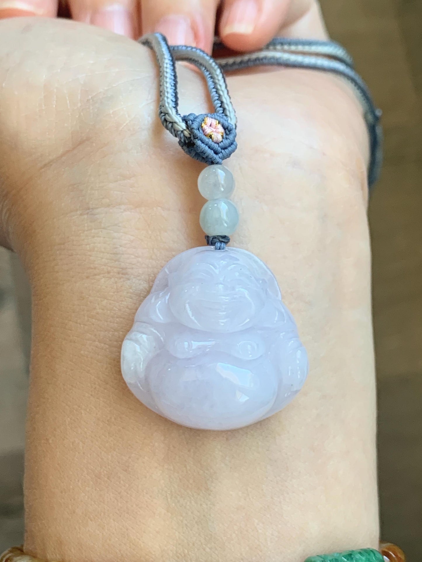 Certified Grade A Natural Icy Translucent Pastel Purple Jade Jadeite Buddha Pendant Rope Necklace 25” 天然冰淡紫底翡翠佛公吊坠项链 1164