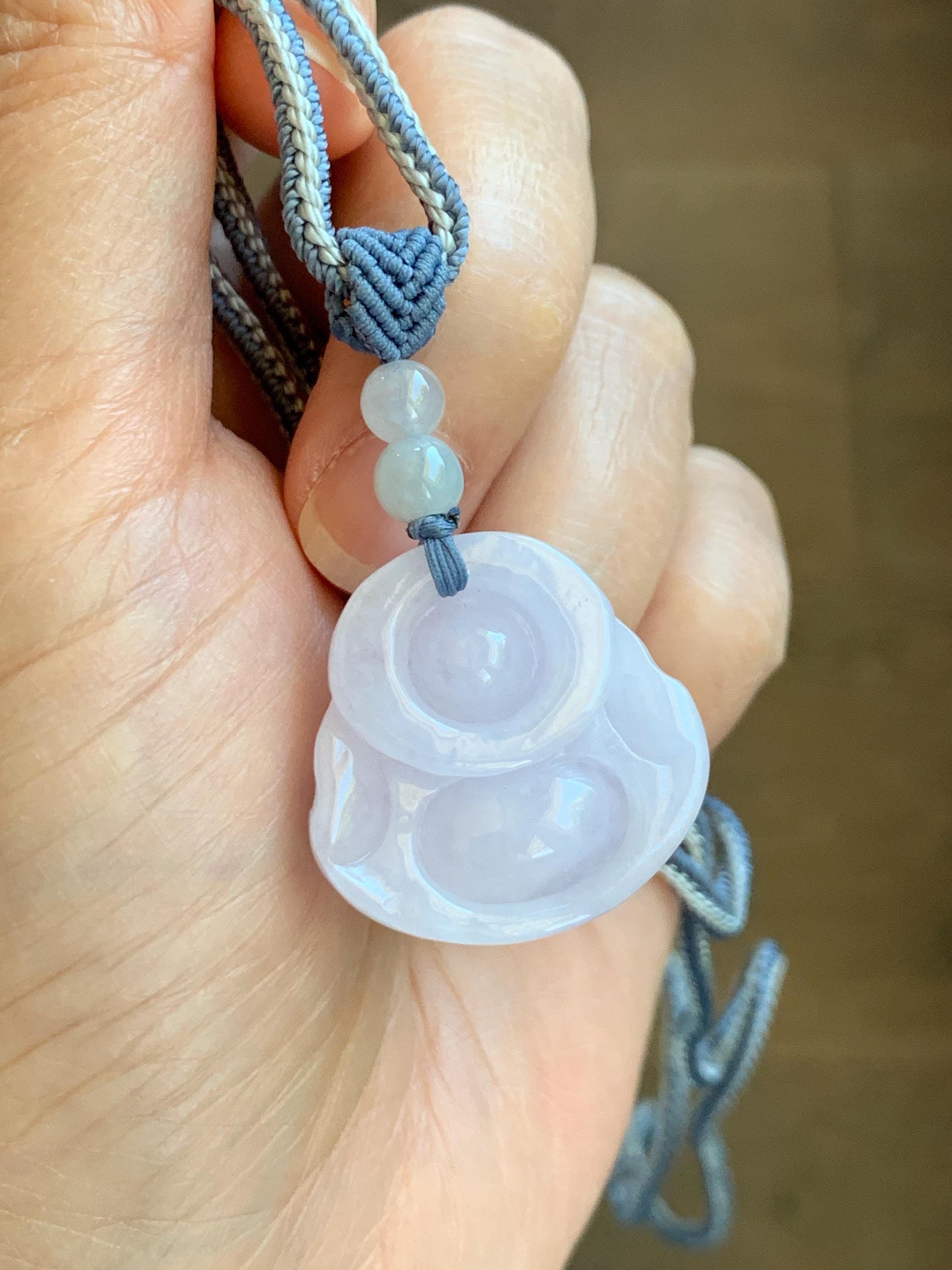 Certified Grade A Natural Icy Translucent Pastel Purple Jade Jadeite Buddha Pendant Rope Necklace 25” 天然冰淡紫底翡翠佛公吊坠项链 1164