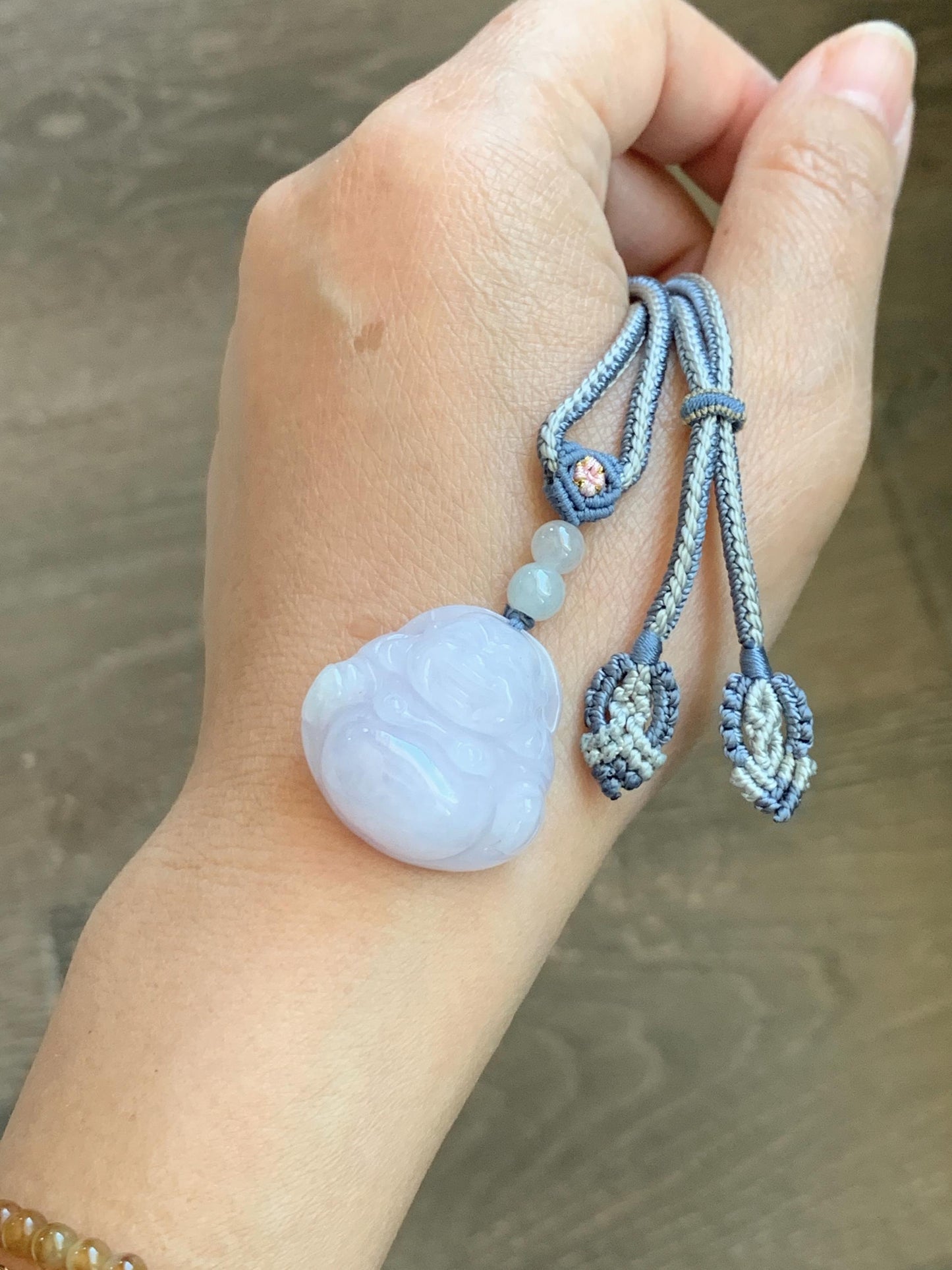 Certified Grade A Natural Icy Translucent Pastel Purple Jade Jadeite Buddha Pendant Rope Necklace 25” 天然冰淡紫底翡翠佛公吊坠项链 1164