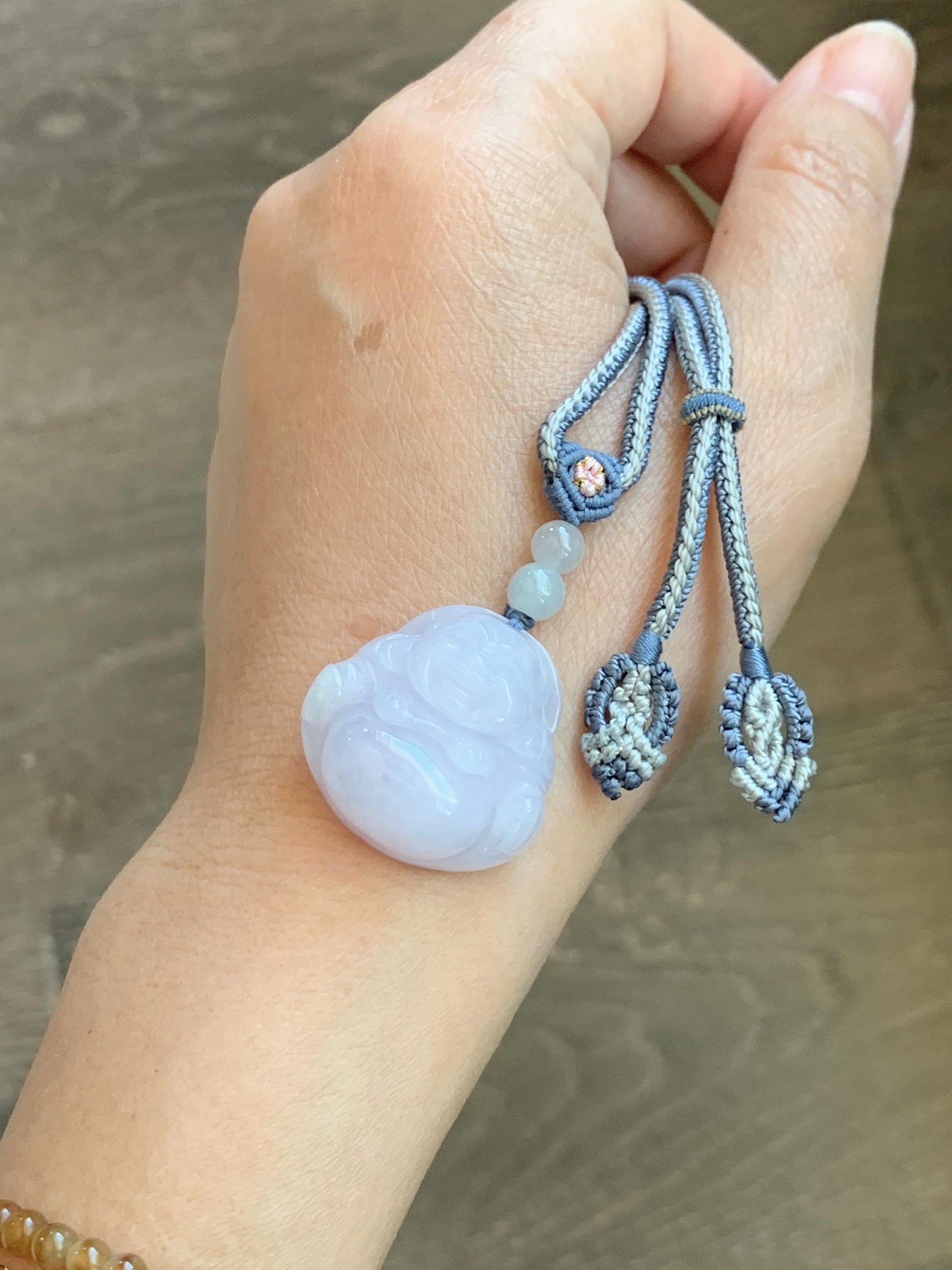 Certified Grade A Natural Icy Translucent Pastel Purple Jade Jadeite Buddha Pendant Rope Necklace 25” 天然冰淡紫底翡翠佛公吊坠项链 1164