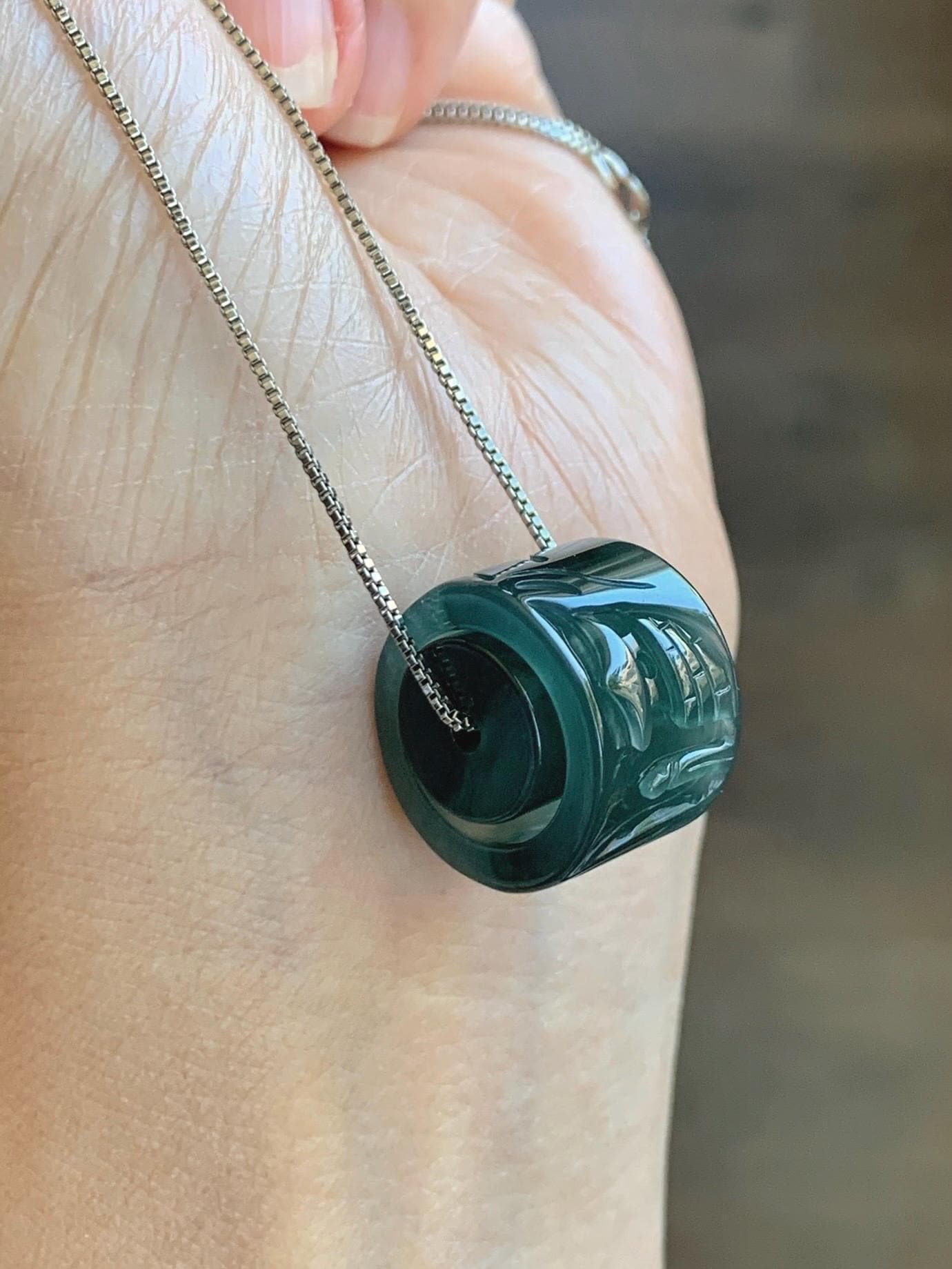 Natural Grade A Guatemalan Icy Translucent Dark Teal Blue Jade Jadeite Carved Shan Shui Band Ring Pendant & Barrel Bead 天然冰危深蓝绿翡翠山水戒圈WSX160A