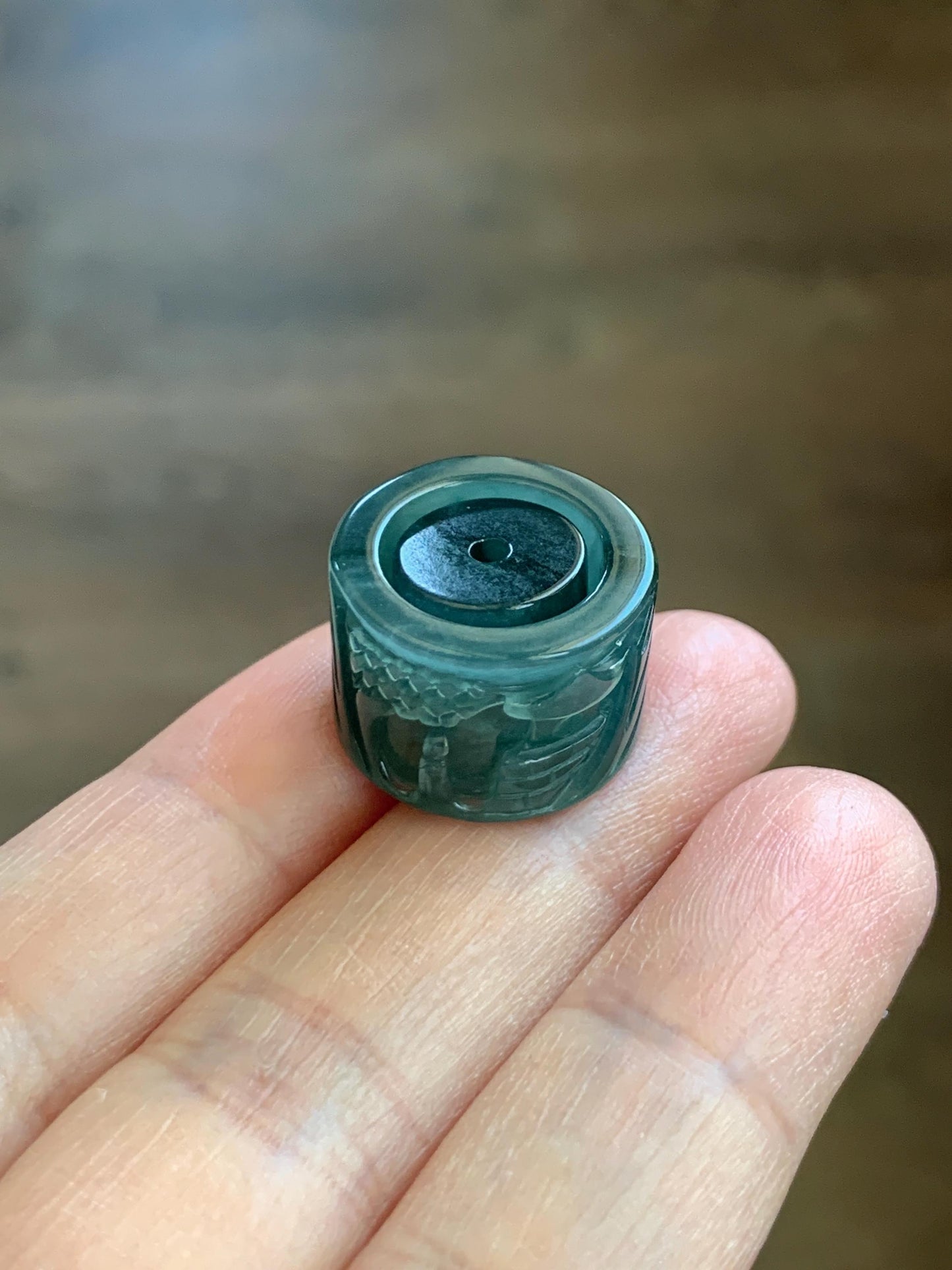 Natural Grade A Guatemalan Icy Translucent Dark Teal Blue Jade Jadeite Carved Shan Shui Band Ring Pendant & Barrel Bead 天然冰危深蓝绿翡翠山水戒圈WSX160A