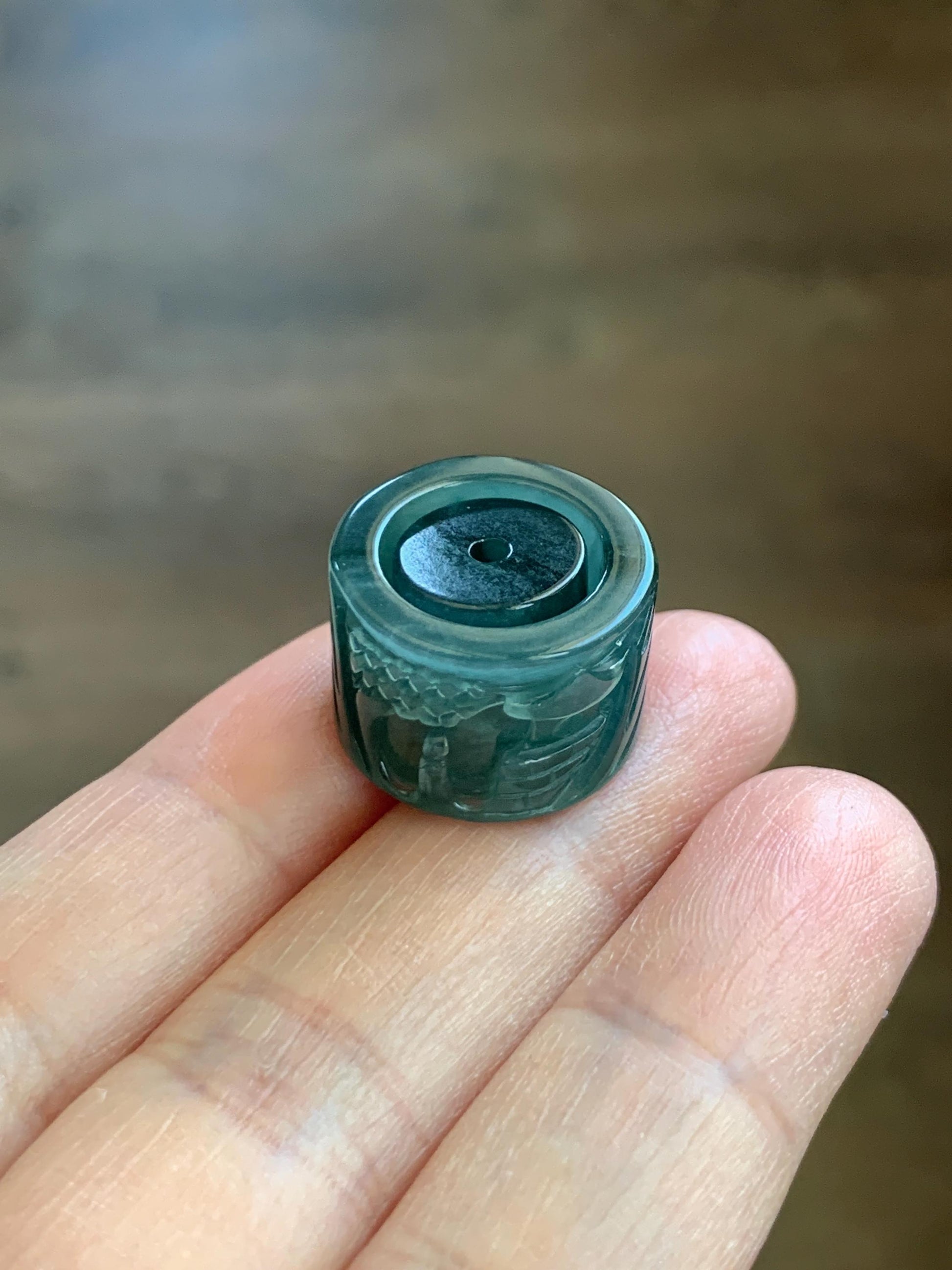 Natural Grade A Guatemalan Icy Translucent Dark Teal Blue Jade Jadeite Carved Shan Shui Band Ring Pendant & Barrel Bead 天然冰危深蓝绿翡翠山水戒圈WSX160A