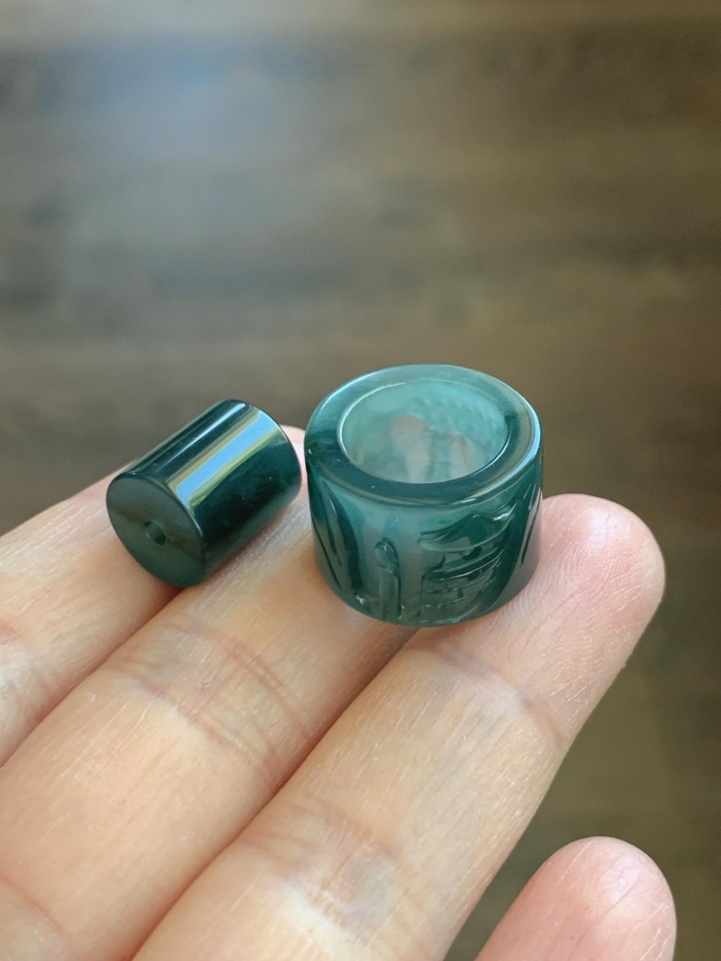 Natural Grade A Guatemalan Icy Translucent Dark Teal Blue Jade Jadeite Carved Shan Shui Band Ring Pendant & Barrel Bead 天然冰危深蓝绿翡翠山水戒圈WSX160A