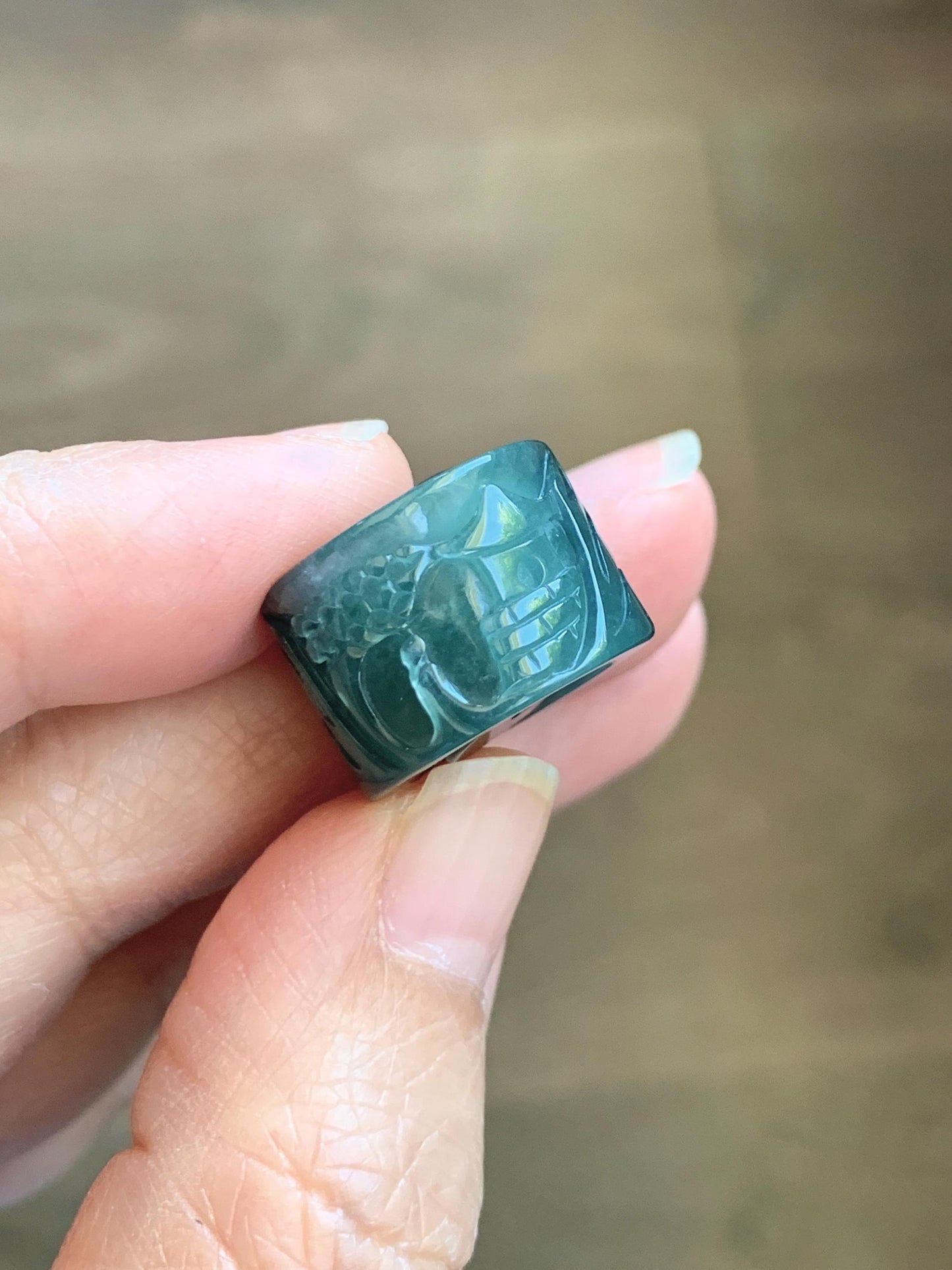 Natural Grade A Guatemalan Icy Translucent Dark Teal Blue Jade Jadeite Carved Shan Shui Band Ring Pendant & Barrel Bead 天然冰危深蓝绿翡翠山水戒圈WSX160A