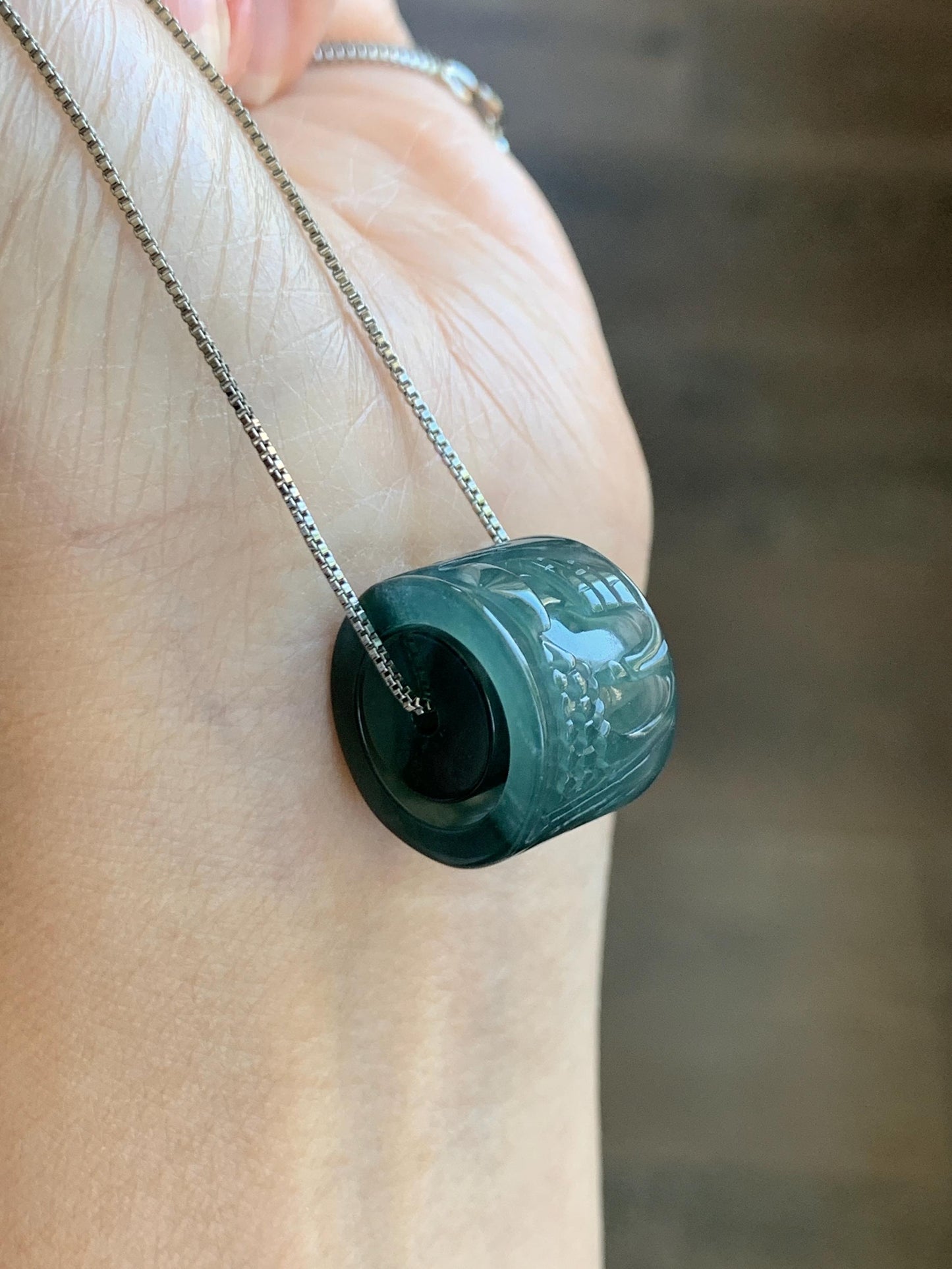Natural Grade A Guatemalan Icy Translucent Dark Teal Blue Jade Jadeite Carved Shan Shui Band Ring Pendant & Barrel Bead 天然冰危深蓝绿翡翠山水戒圈WSX160A