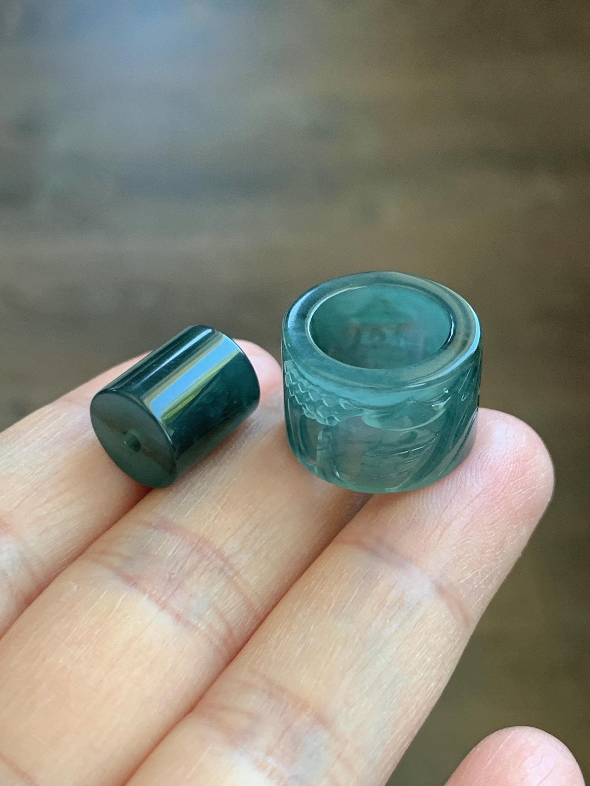 Natural Grade A Guatemalan Icy Translucent Dark Teal Blue Jade Jadeite Carved Shan Shui Band Ring Pendant & Barrel Bead 天然冰危深蓝绿翡翠山水戒圈WSX160A