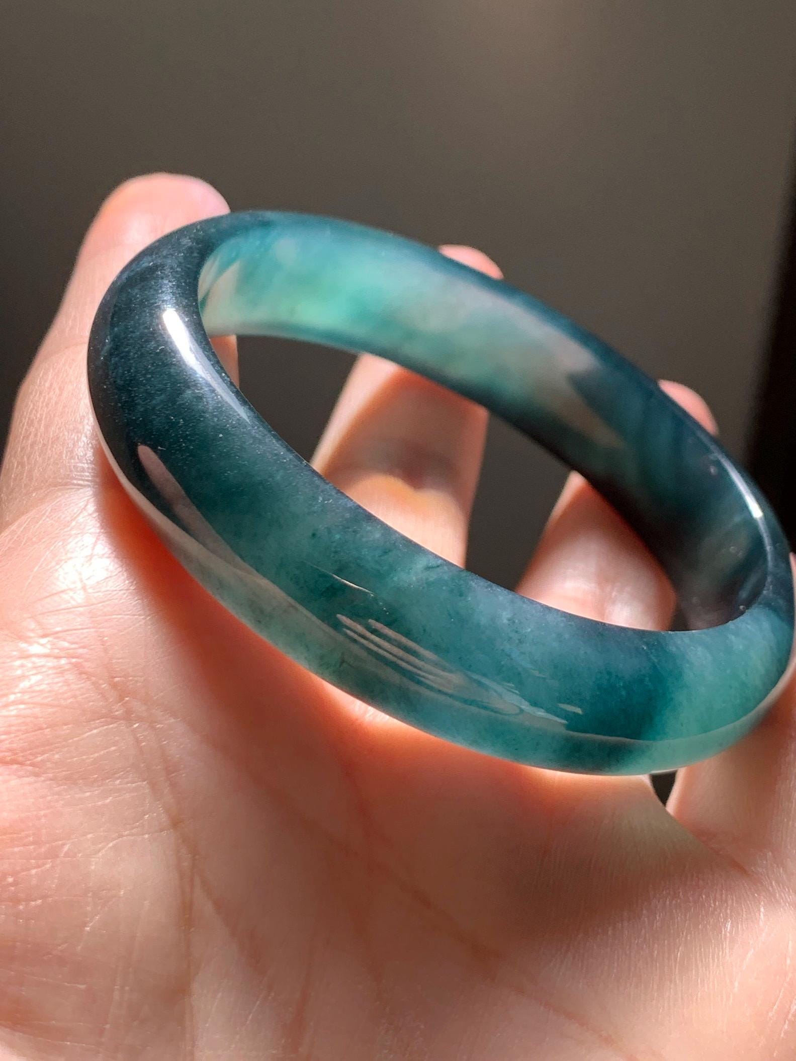 Certified Natural Grade A Guatemalan Icy Translucent Dark Teal Green Jade Jadeite Wide Bangle 55.37mm 6.84” 46.42g 天然冰危深蓝绿翡翠正圈宽版手镯 1205