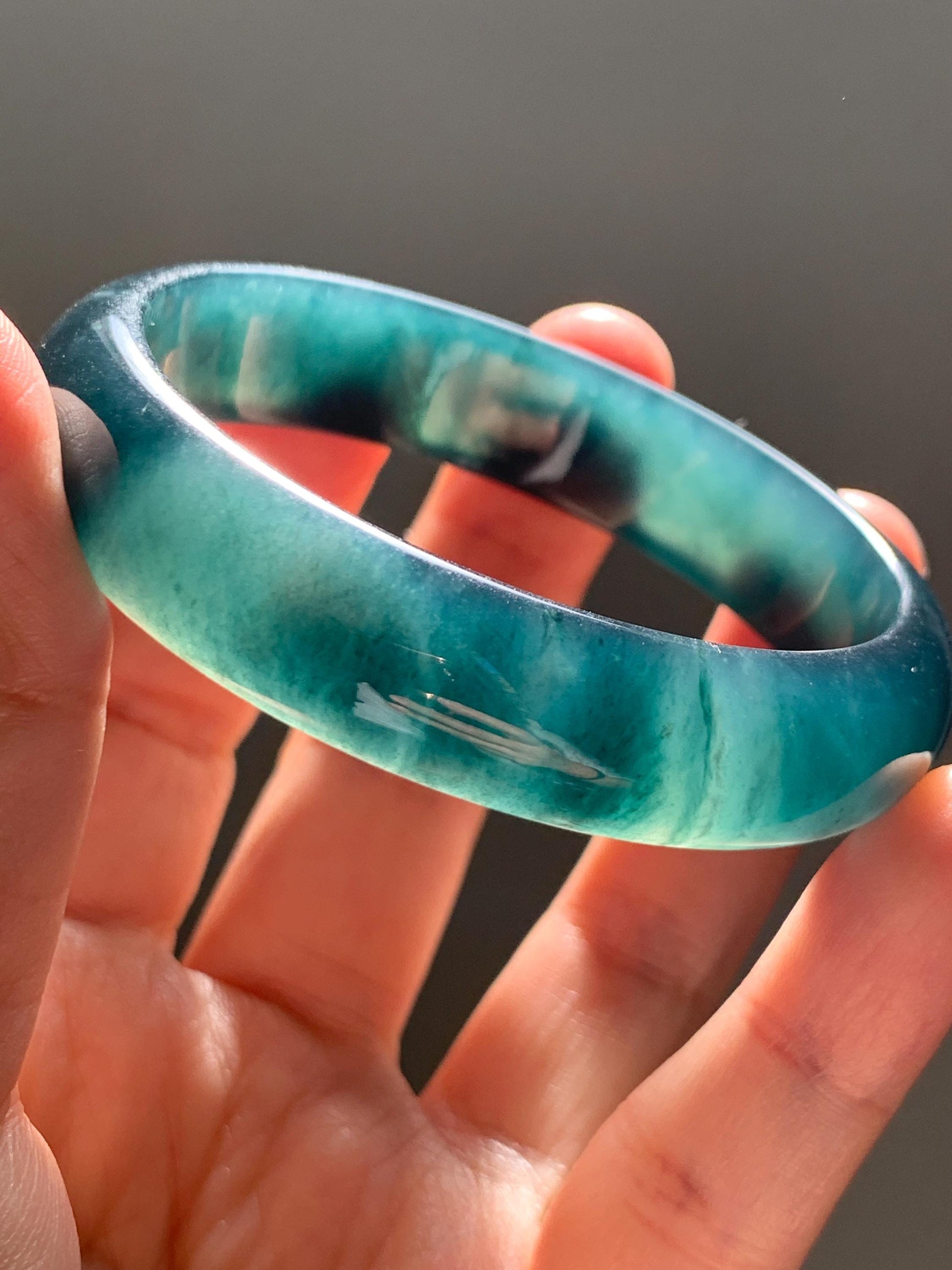 Certified Natural Grade A Guatemalan Icy Translucent Dark Teal Green Jade Jadeite Wide Bangle 55.37mm 6.84” 46.42g 天然冰危深蓝绿翡翠正圈宽版手镯 1205