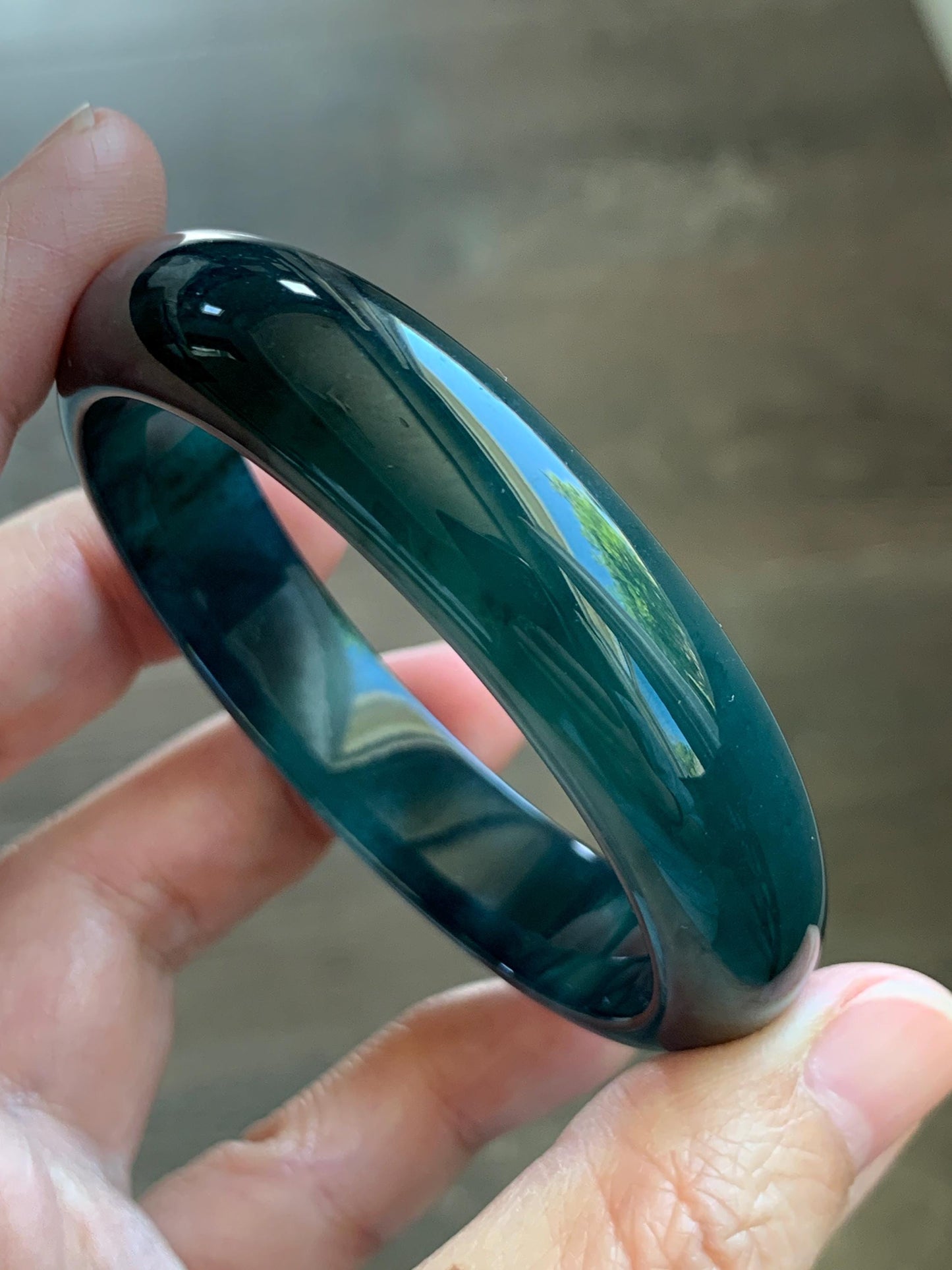 Certified Natural Grade A Guatemalan Icy Translucent Dark Teal Green Jade Jadeite Wide Bangle 55.37mm 6.84” 46.42g 天然冰危深蓝绿翡翠正圈宽版手镯 1205