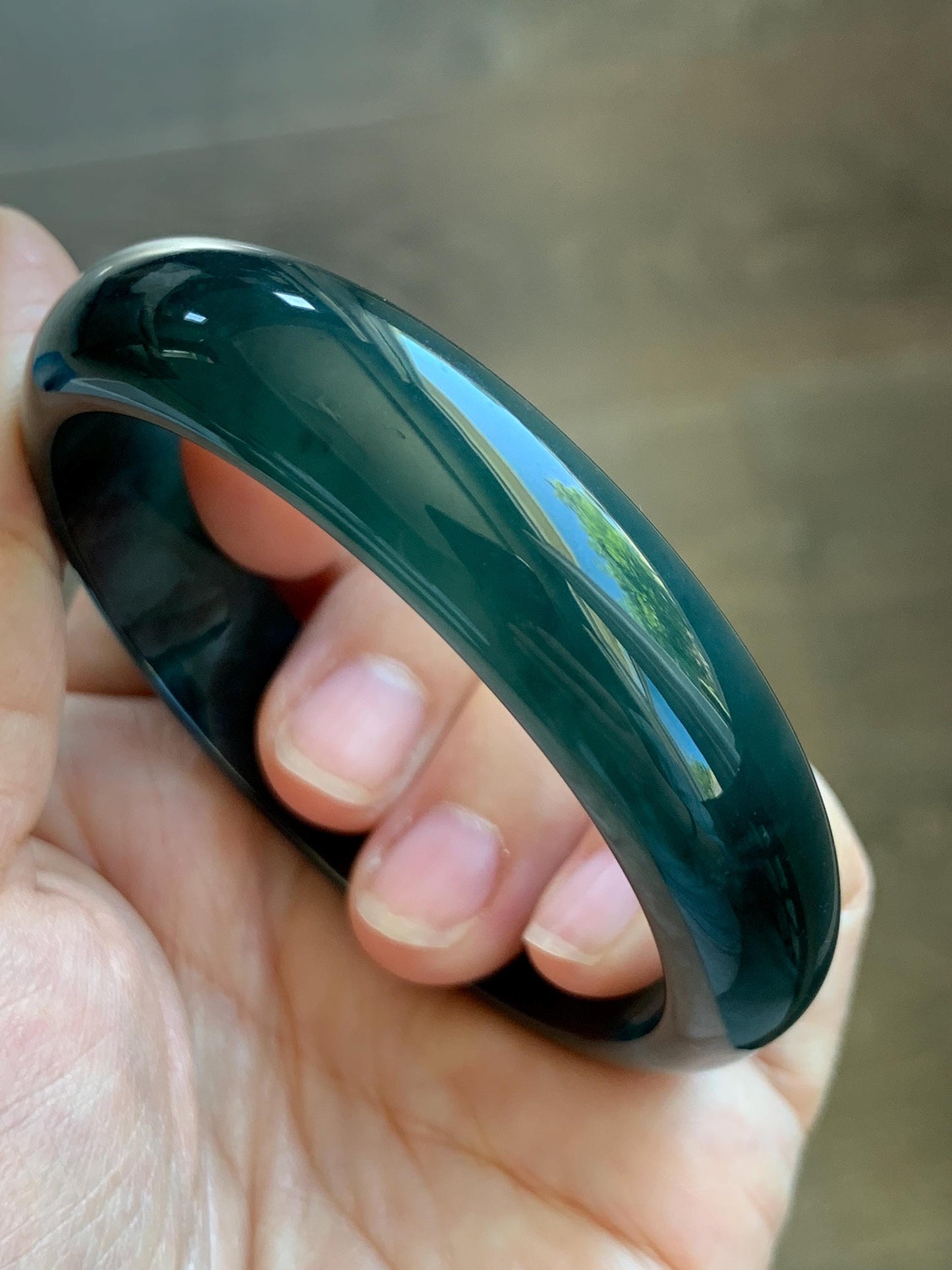 Certified Natural Grade A Guatemalan Icy Translucent Dark Teal Green Jade Jadeite Wide Bangle 55.37mm 6.84” 46.42g 天然冰危深蓝绿翡翠正圈宽版手镯 1205
