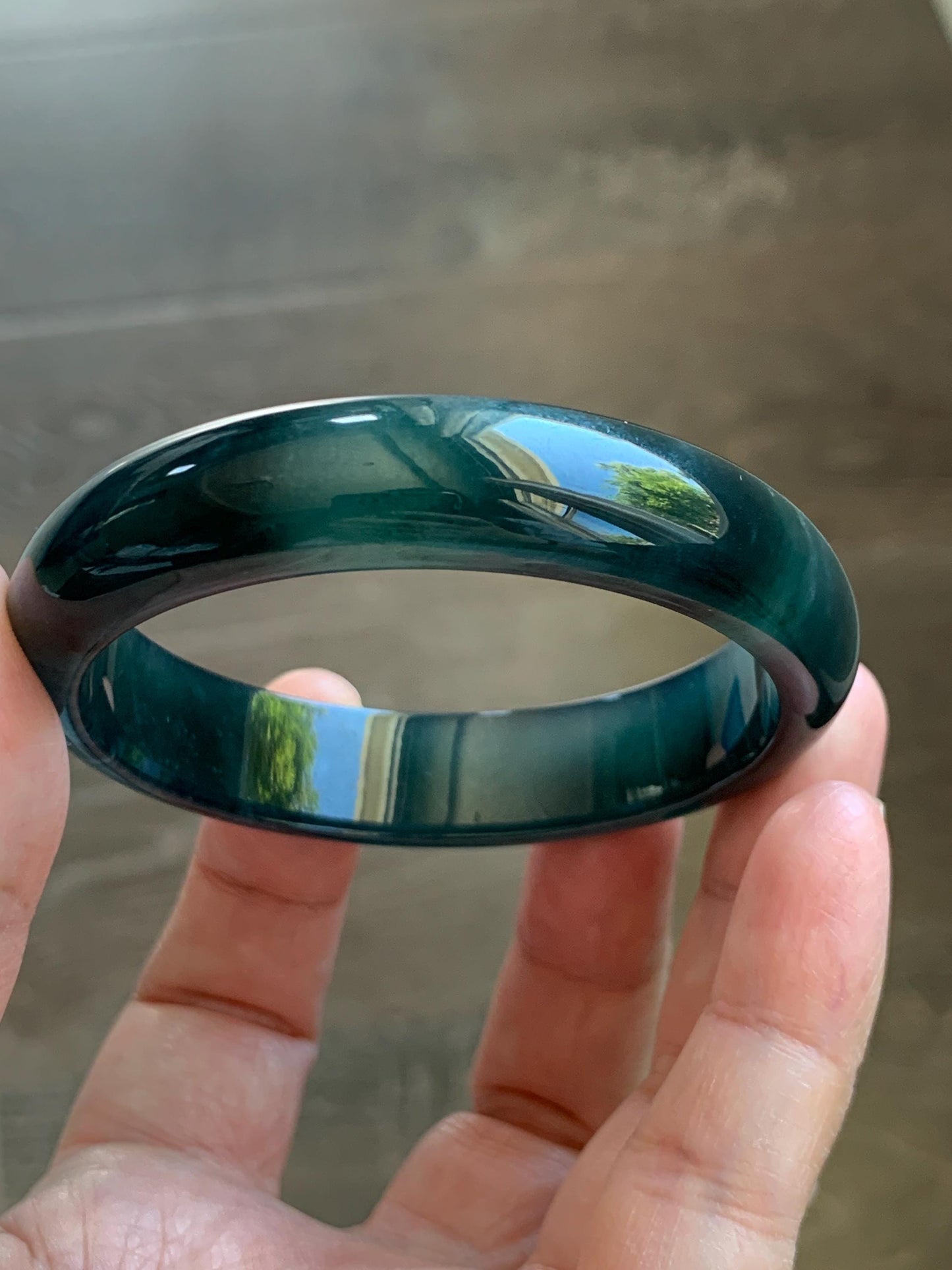 Certified Natural Grade A Guatemalan Icy Translucent Dark Teal Green Jade Jadeite Wide Bangle 55.37mm 6.84” 46.42g 天然冰危深蓝绿翡翠正圈宽版手镯 1205