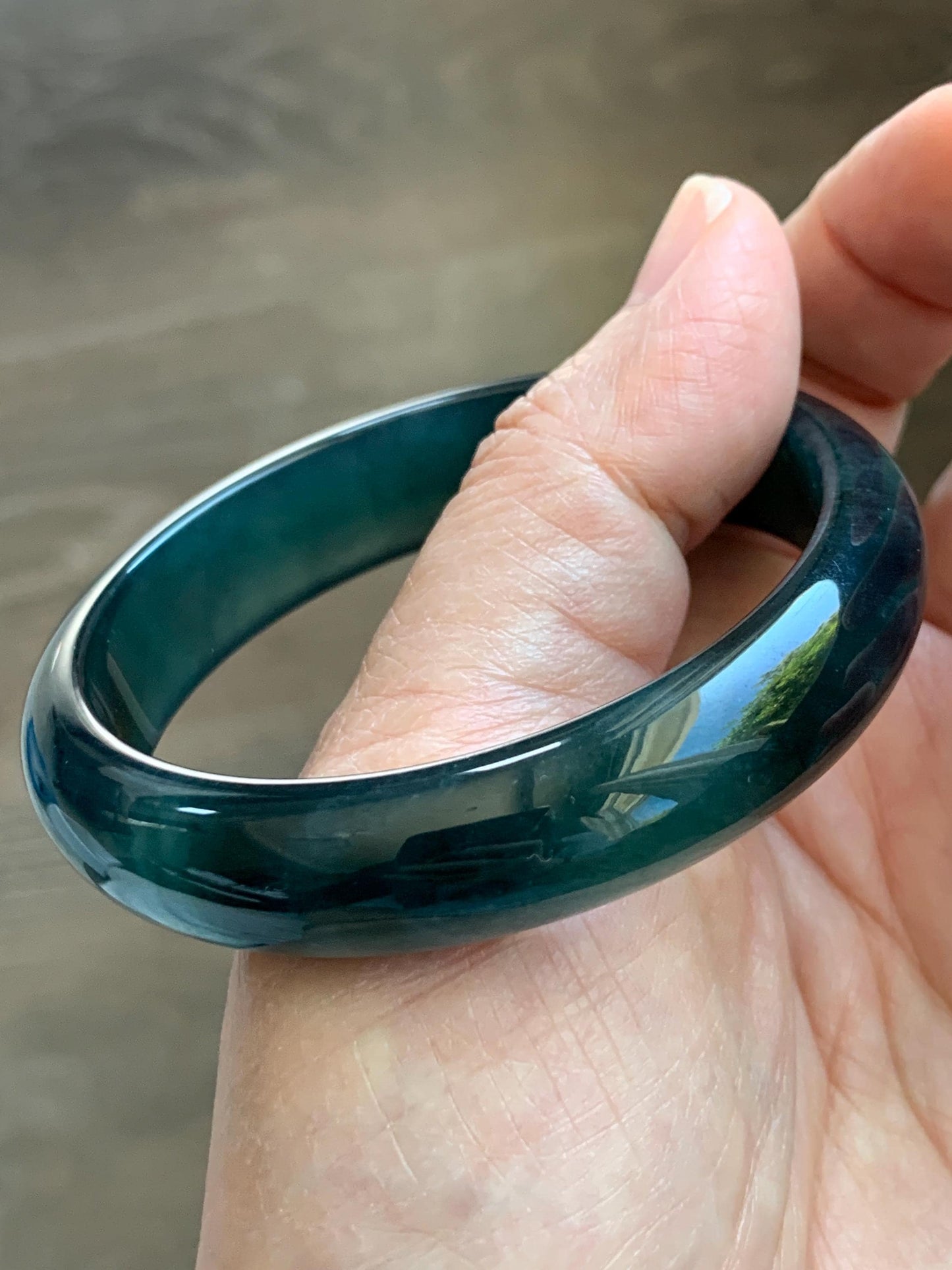Certified Natural Grade A Guatemalan Icy Translucent Dark Teal Green Jade Jadeite Wide Bangle 55.37mm 6.84” 46.42g 天然冰危深蓝绿翡翠正圈宽版手镯 1205