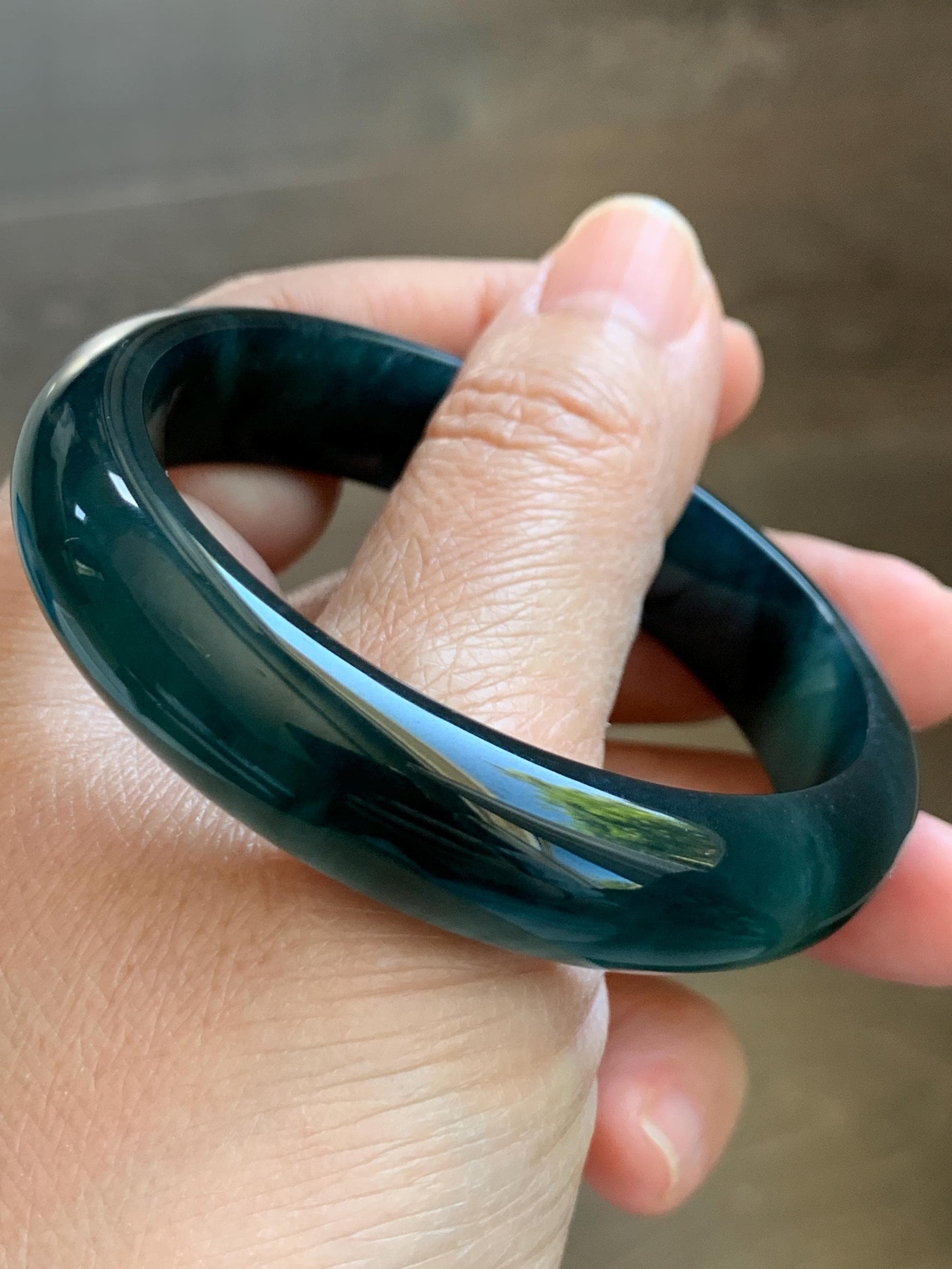 Certified Natural Grade A Guatemalan Icy Translucent Dark Teal Green Jade Jadeite Wide Bangle 55.37mm 6.84” 46.42g 天然冰危深蓝绿翡翠正圈宽版手镯 1205