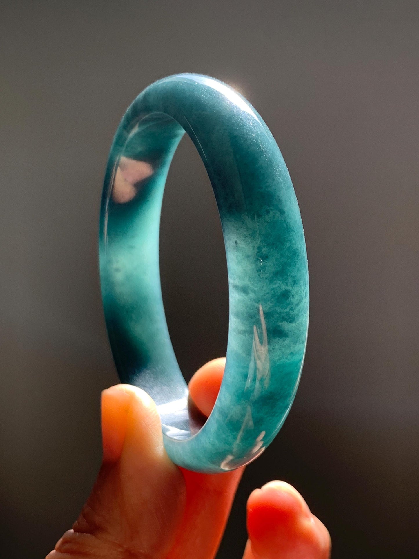 Certified Natural Grade A Guatemalan Icy Translucent Dark Teal Blue Jade Jadeite Wide Bangle 54mm 6.67” 40g 天然冰危蓝绿翡翠正圈宽版手镯 1226