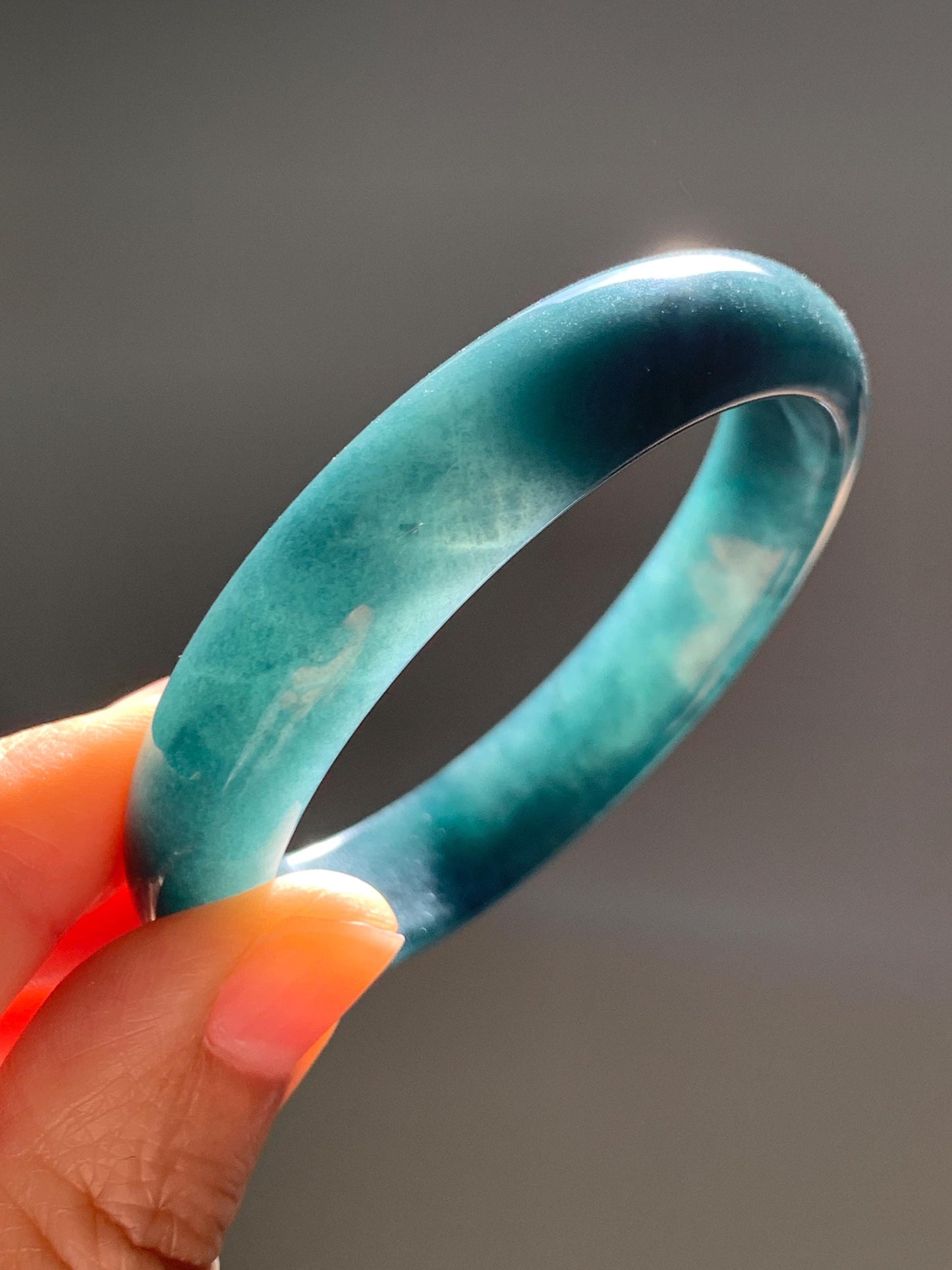 Certified Natural Grade A Guatemalan Icy Translucent Dark Teal Blue Jade Jadeite Wide Bangle 54mm 6.67” 40g 天然冰危蓝绿翡翠正圈宽版手镯 1226