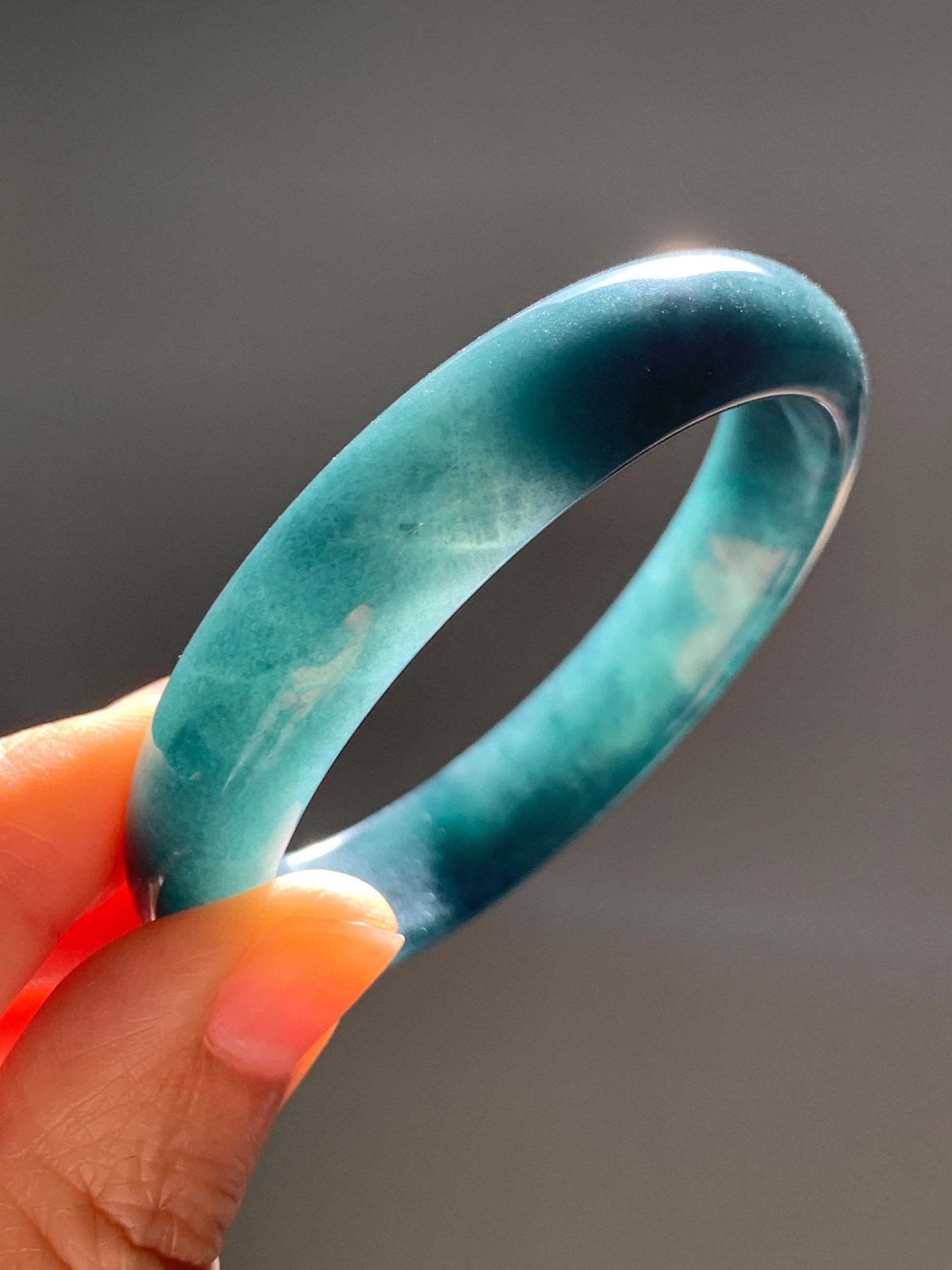 Certified Natural Grade A Guatemalan Icy Translucent Dark Teal Blue Jade Jadeite Wide Bangle 54mm 6.67” 40g 天然冰危蓝绿翡翠正圈宽版手镯 1226