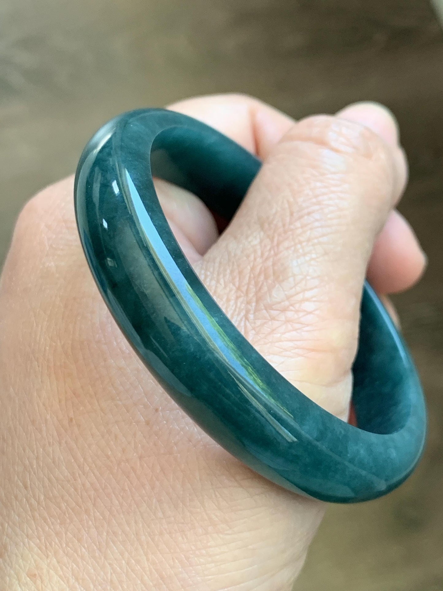 Certified Natural Grade A Guatemalan Icy Translucent Dark Teal Blue Jade Jadeite Wide Bangle 54mm 6.67” 40g 天然冰危蓝绿翡翠正圈宽版手镯 1226
