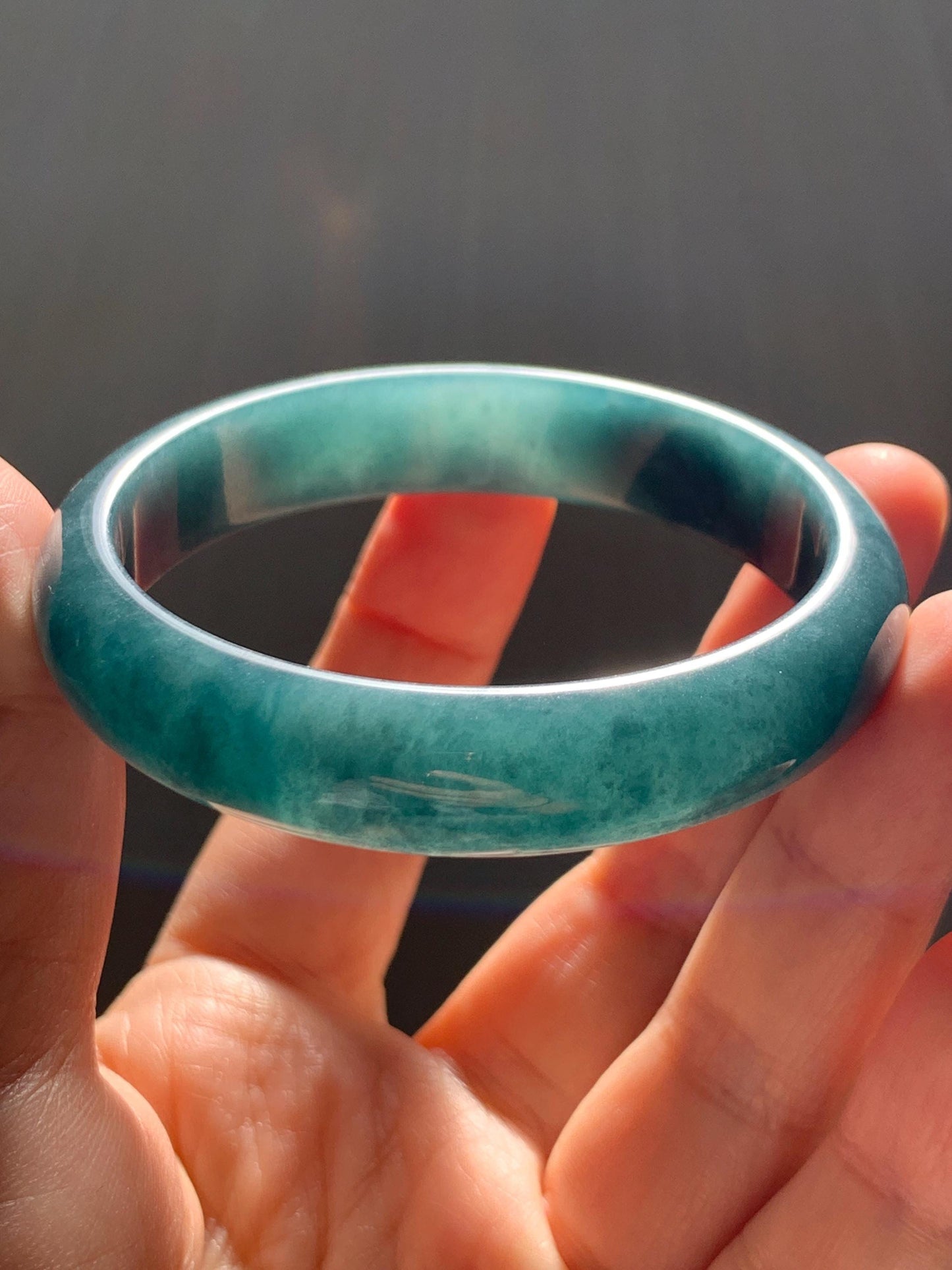 Certified Natural Grade A Guatemalan Icy Translucent Dark Teal Blue Jade Jadeite Wide Bangle 54mm 6.67” 40g 天然冰危蓝绿翡翠正圈宽版手镯 1226
