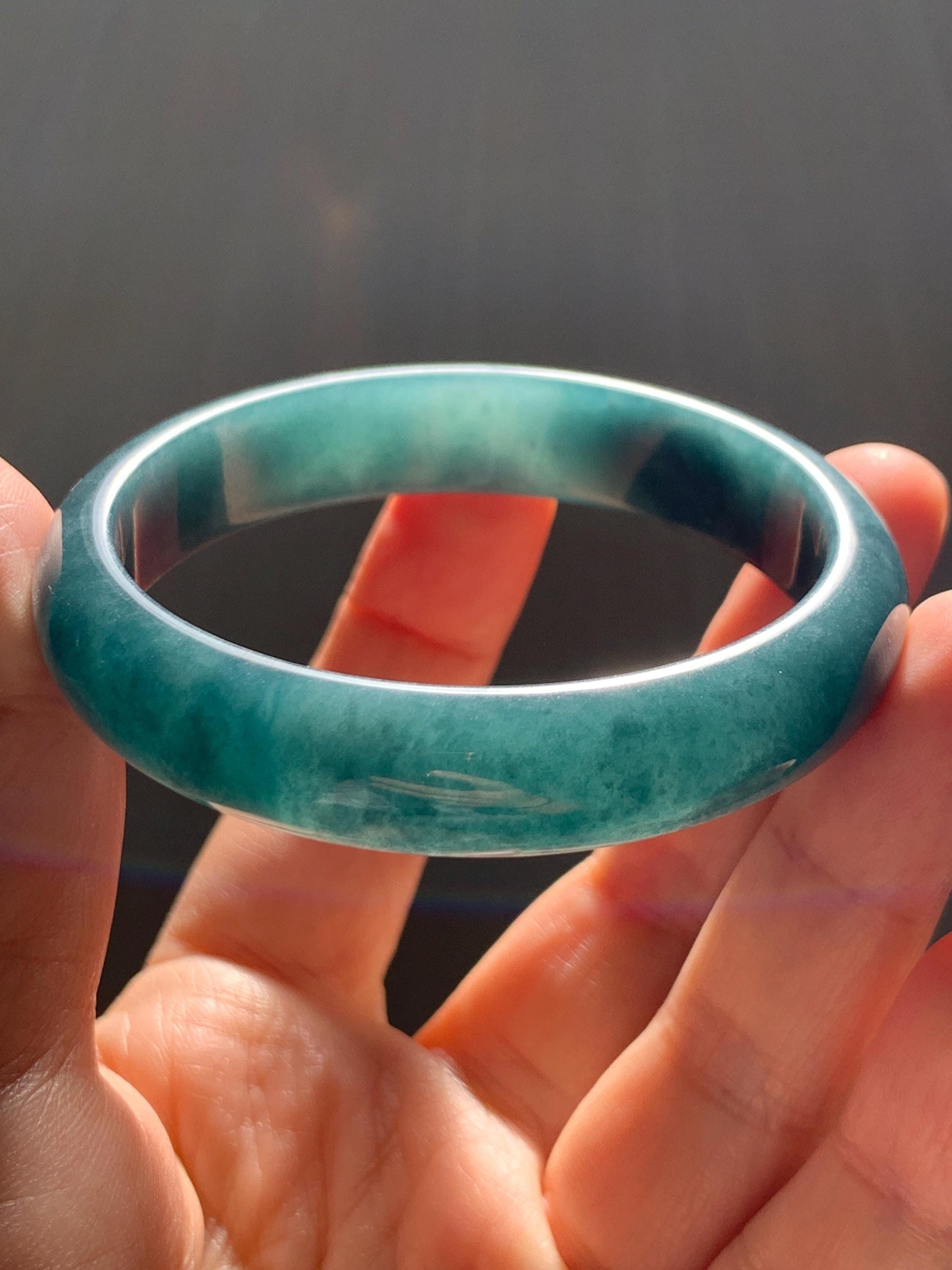 Certified Natural Grade A Guatemalan Icy Translucent Dark Teal Blue Jade Jadeite Wide Bangle 54mm 6.67” 40g 天然冰危蓝绿翡翠正圈宽版手镯 1226