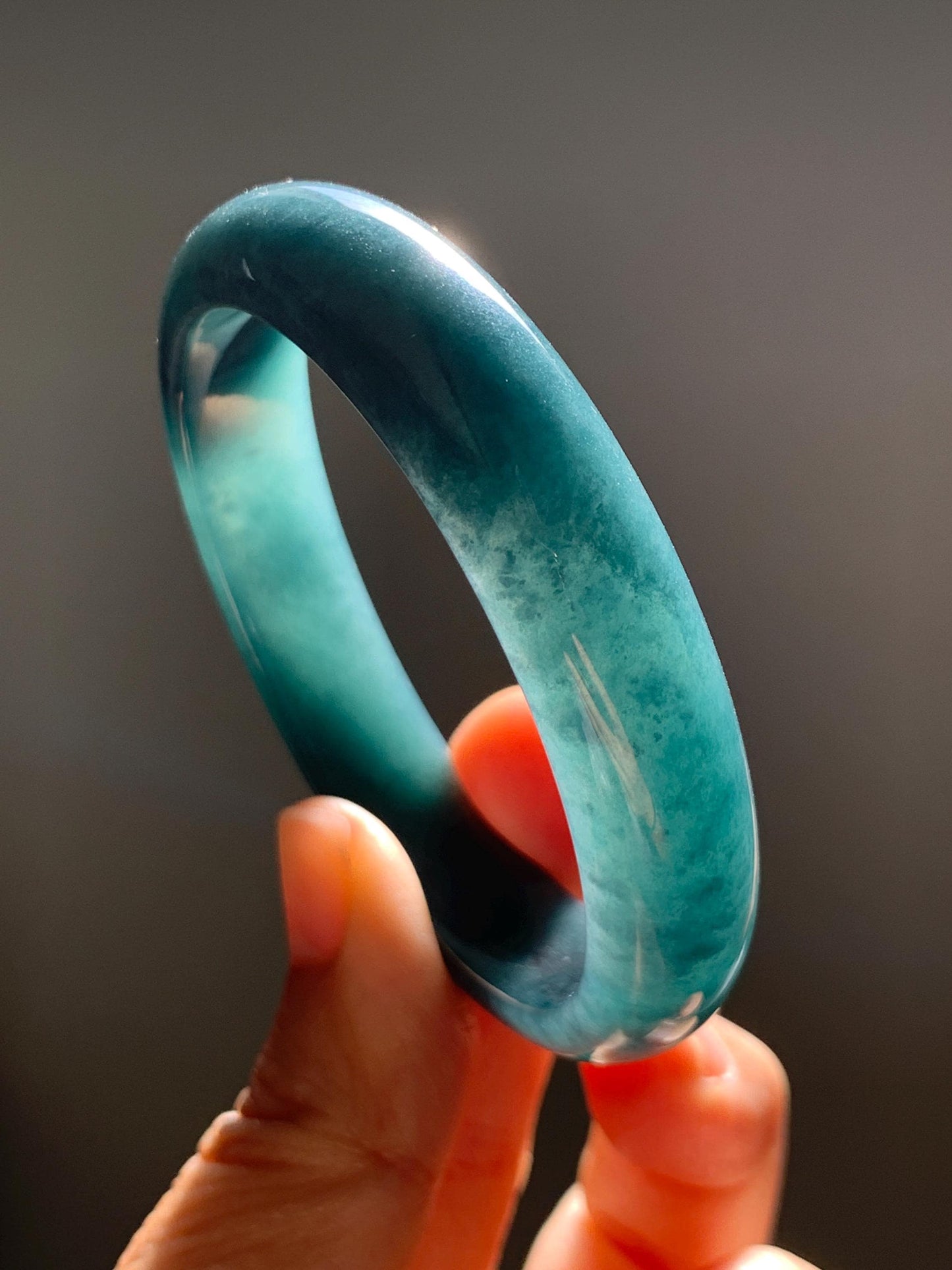 Certified Natural Grade A Guatemalan Icy Translucent Dark Teal Blue Jade Jadeite Wide Bangle 54mm 6.67” 40g 天然冰危蓝绿翡翠正圈宽版手镯 1226