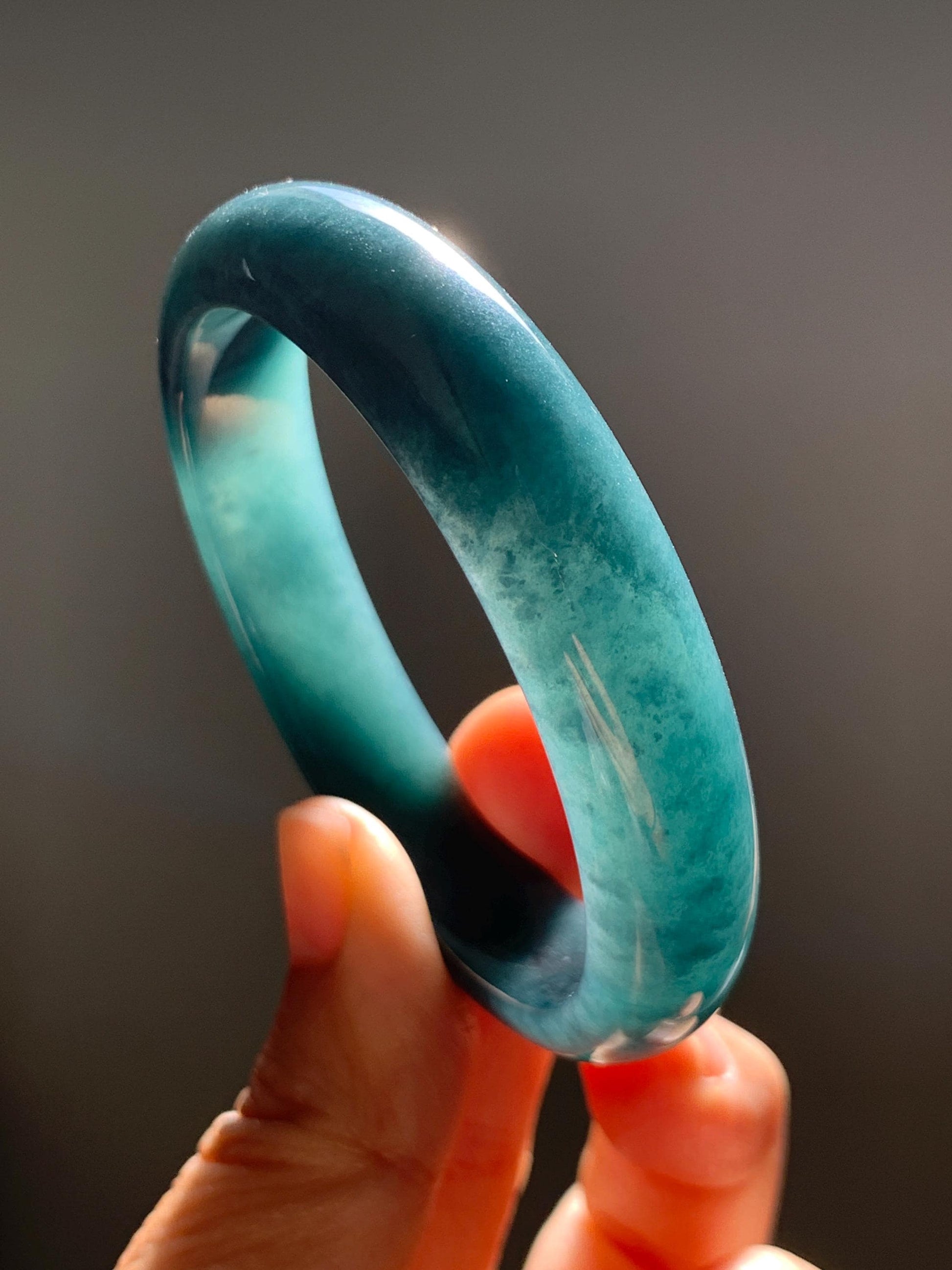 Certified Natural Grade A Guatemalan Icy Translucent Dark Teal Blue Jade Jadeite Wide Bangle 54mm 6.67” 40g 天然冰危蓝绿翡翠正圈宽版手镯 1226
