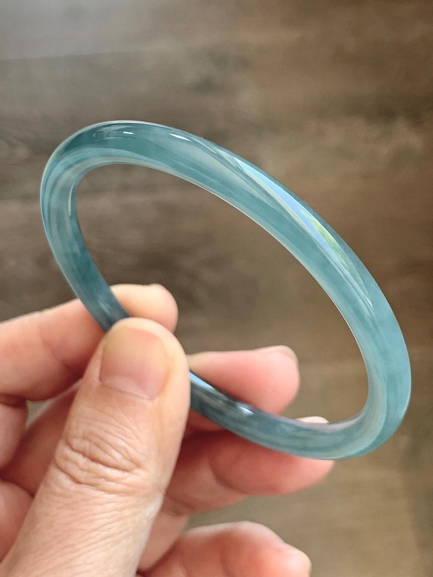 Certified Natural Grade A Guatemalan Icy Translucent Light Dusty Teal Blue Jade Jadeite Slim Bangle 56mm 6.92” 18g 天然冰胶危浅蓝绿翡翠细圆条手镯 1207