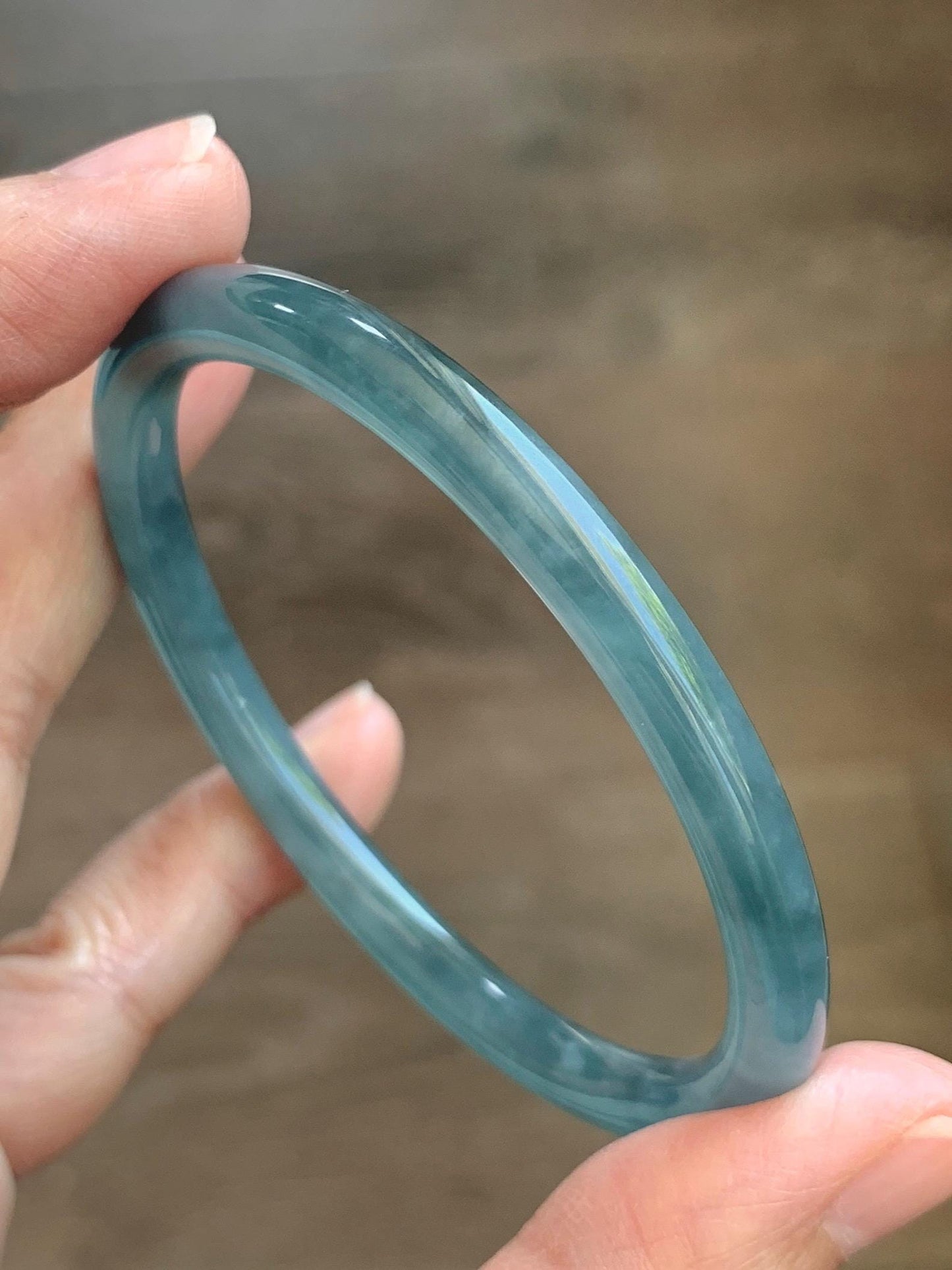 Certified Natural Grade A Guatemalan Icy Translucent Light Dusty Teal Blue Jade Jadeite Slim Bangle 56mm 6.92” 18g 天然冰胶危浅蓝绿翡翠细圆条手镯 1207