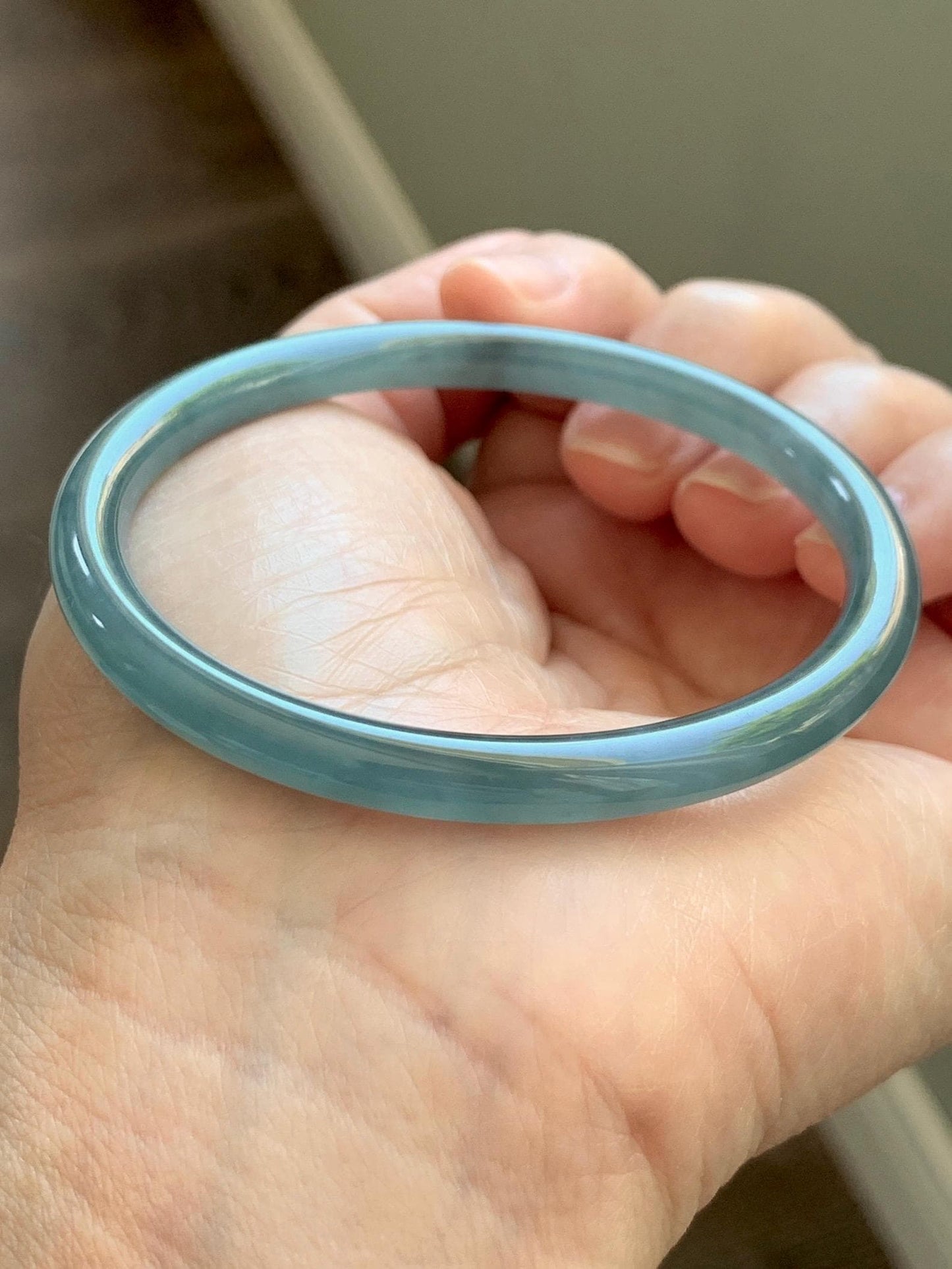 Certified Natural Grade A Guatemalan Icy Translucent Light Dusty Teal Blue Jade Jadeite Slim Bangle 56mm 6.92” 18g 天然冰胶危浅蓝绿翡翠细圆条手镯 1207