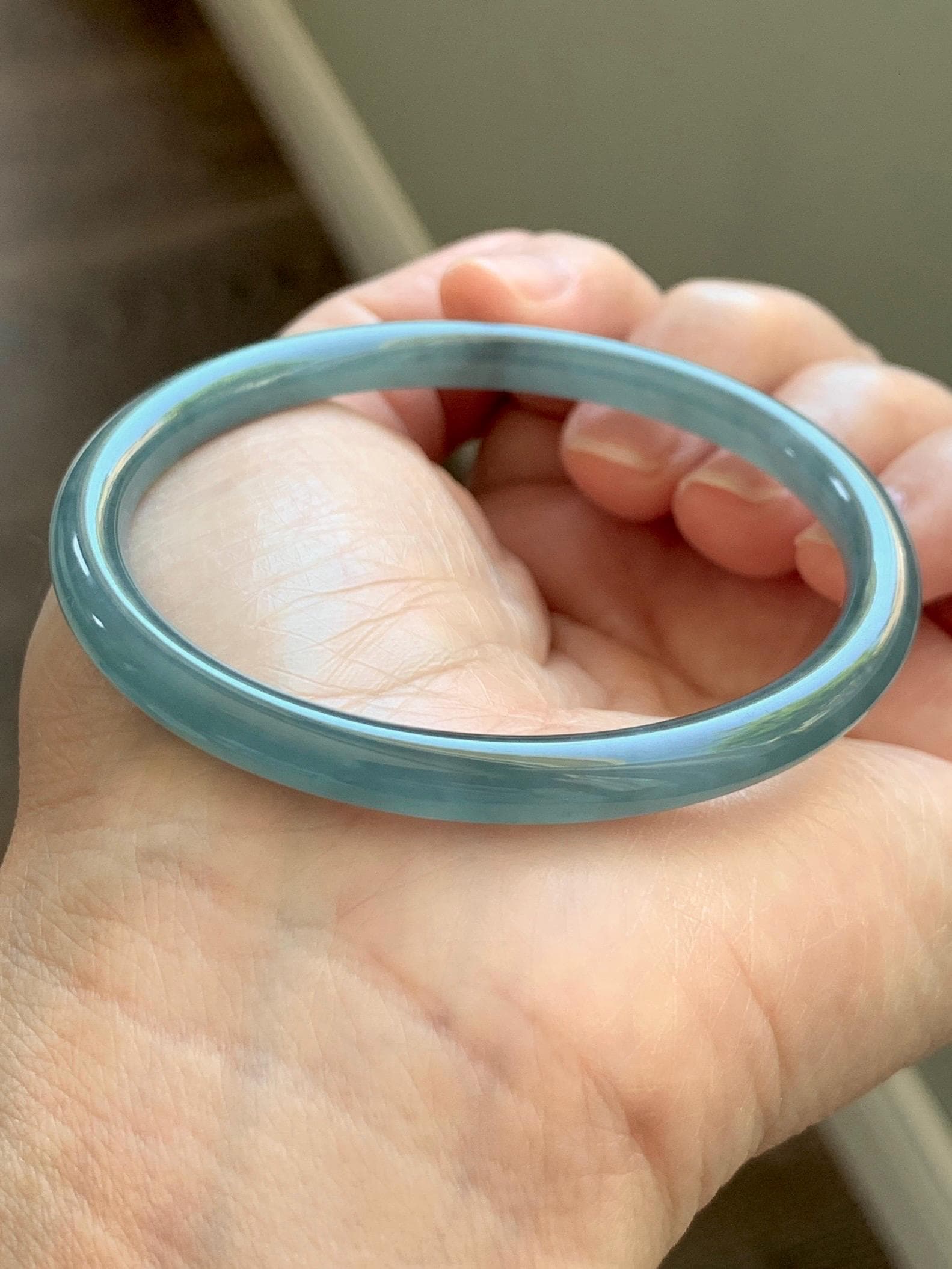 Certified Natural Grade A Guatemalan Icy Translucent Light Dusty Teal Blue Jade Jadeite Slim Bangle 56mm 6.92” 18g 天然冰胶危浅蓝绿翡翠细圆条手镯 1207