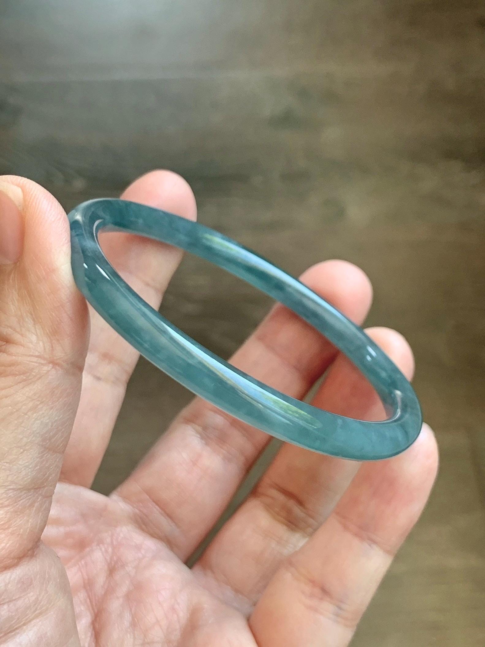 Certified Natural Grade A Guatemalan Icy Translucent Light Dusty Teal Blue Jade Jadeite Slim Bangle 56mm 6.92” 18g 天然冰胶危浅蓝绿翡翠细圆条手镯 1207