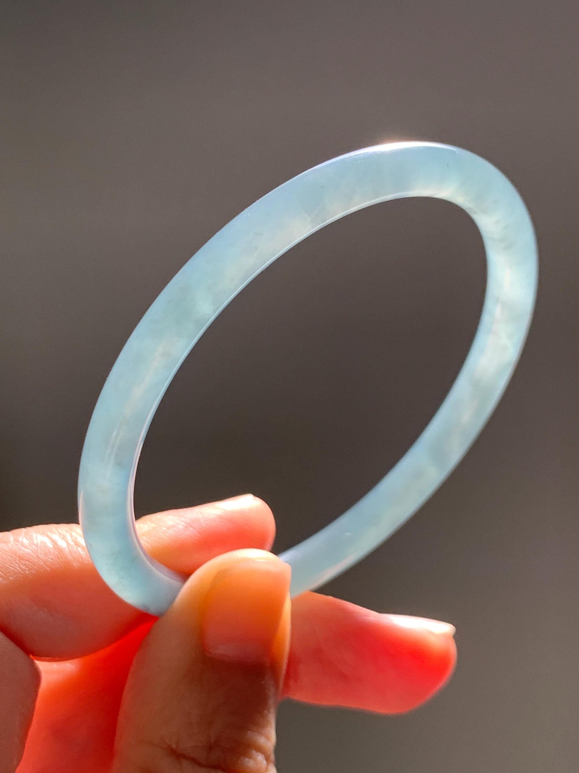 Certified Natural Grade A Guatemalan Icy Translucent Light Dusty Teal Blue Jade Jadeite Slim Bangle 56mm 6.92” 18g 天然冰胶危浅蓝绿翡翠细圆条手镯 1207