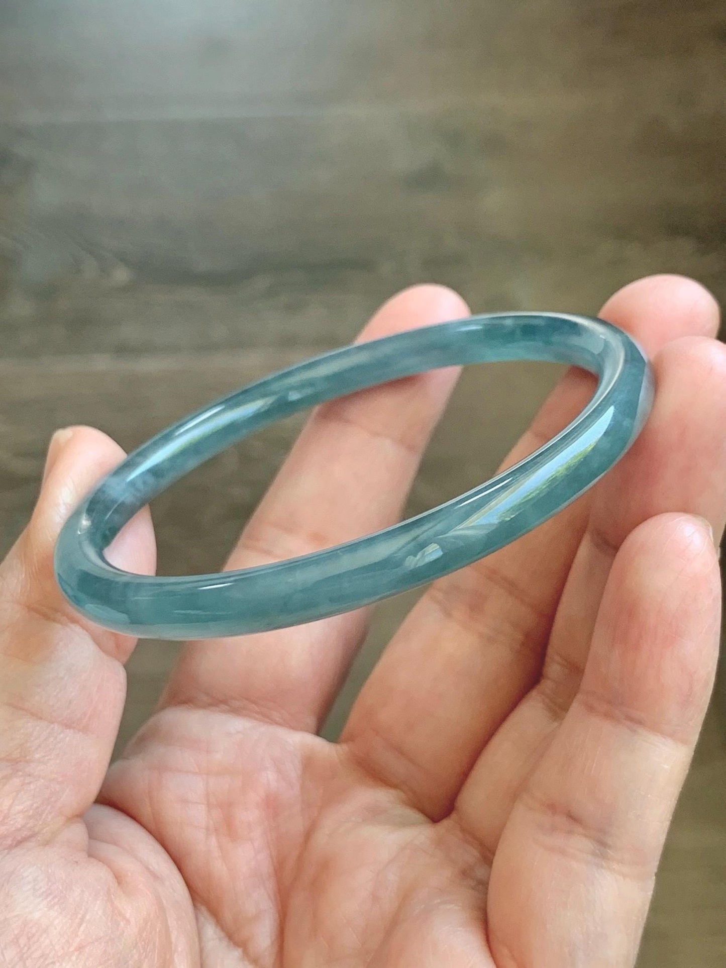Certified Natural Grade A Guatemalan Icy Translucent Light Dusty Teal Blue Jade Jadeite Slim Bangle 56mm 6.92” 18g 天然冰胶危浅蓝绿翡翠细圆条手镯 1207