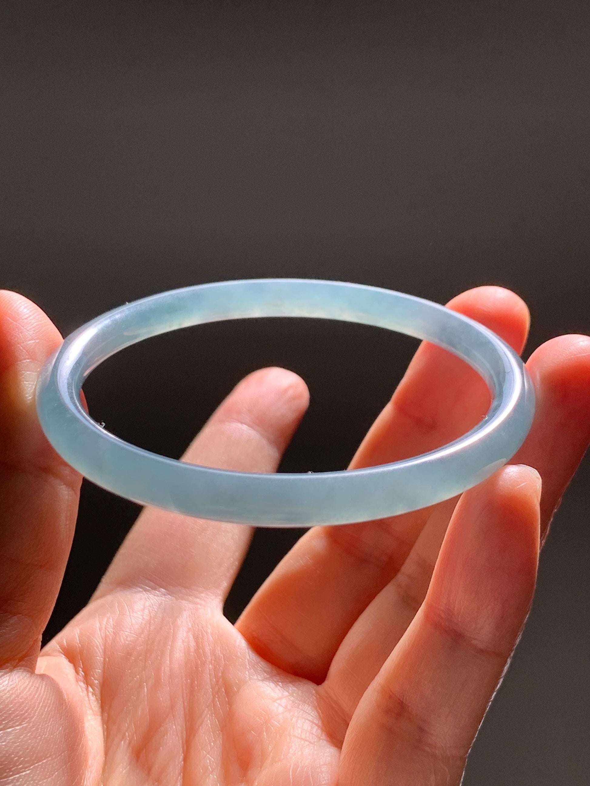 Certified Natural Grade A Guatemalan Icy Translucent Light Dusty Teal Blue Jade Jadeite Slim Bangle 56mm 6.92” 18g 天然冰胶危浅蓝绿翡翠细圆条手镯 1207