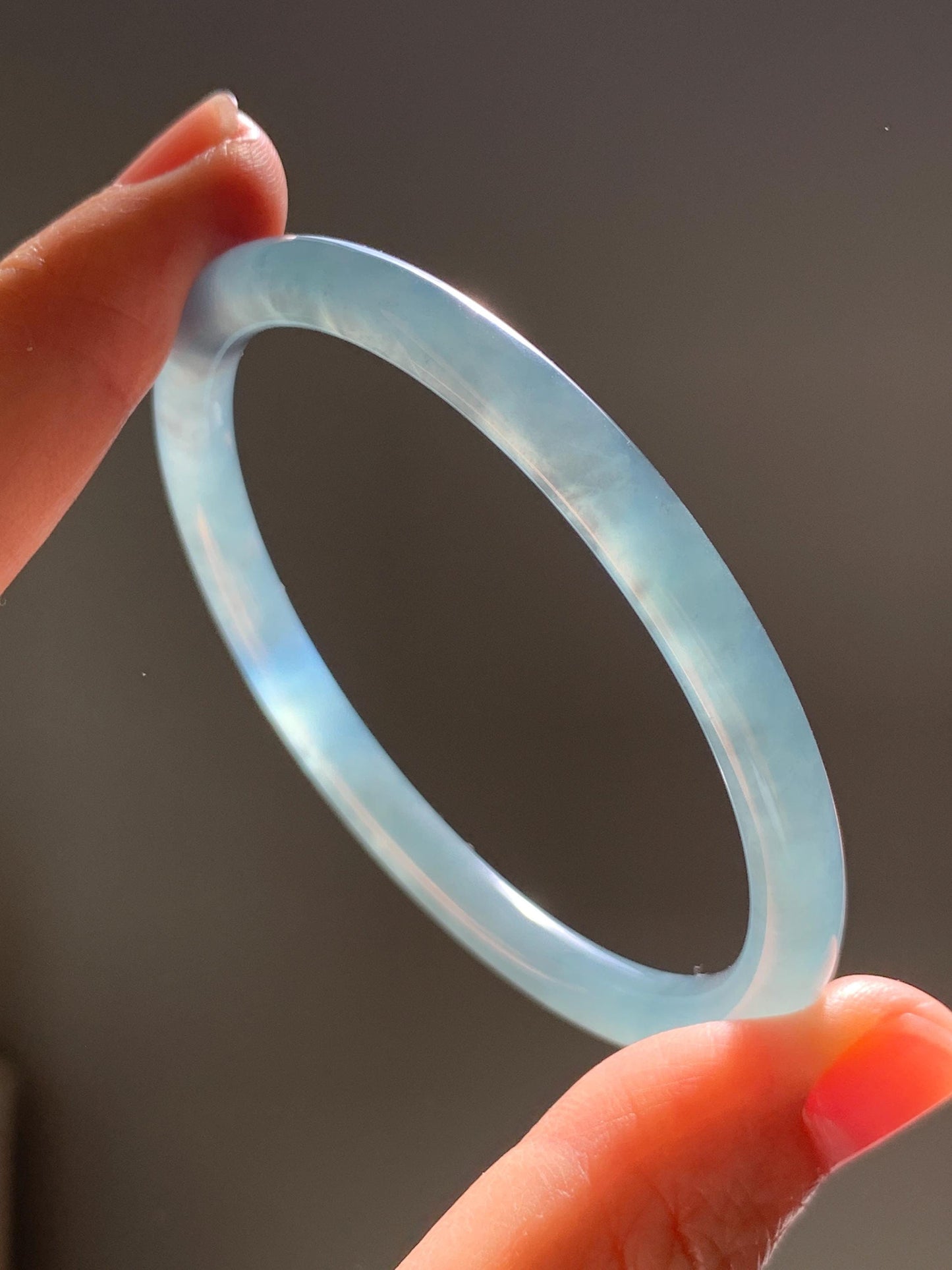 Certified Natural Grade A Guatemalan Icy Translucent Light Dusty Teal Blue Jade Jadeite Slim Bangle 56mm 6.92” 18g 天然冰胶危浅蓝绿翡翠细圆条手镯 1207
