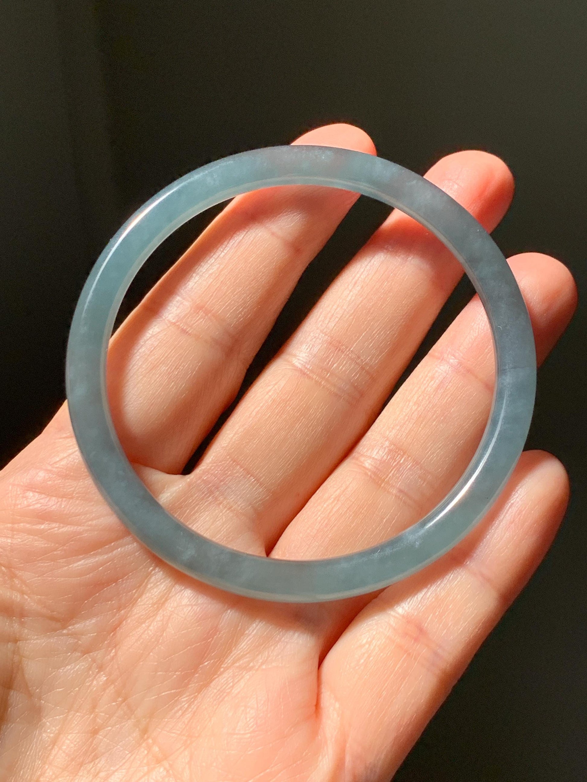 Certified Natural Grade A Guatemalan Icy Translucent Light Dusty Teal Blue Jade Jadeite Slim Bangle 56mm 6.92” 18g 天然冰胶危浅蓝绿翡翠细圆条手镯 1207