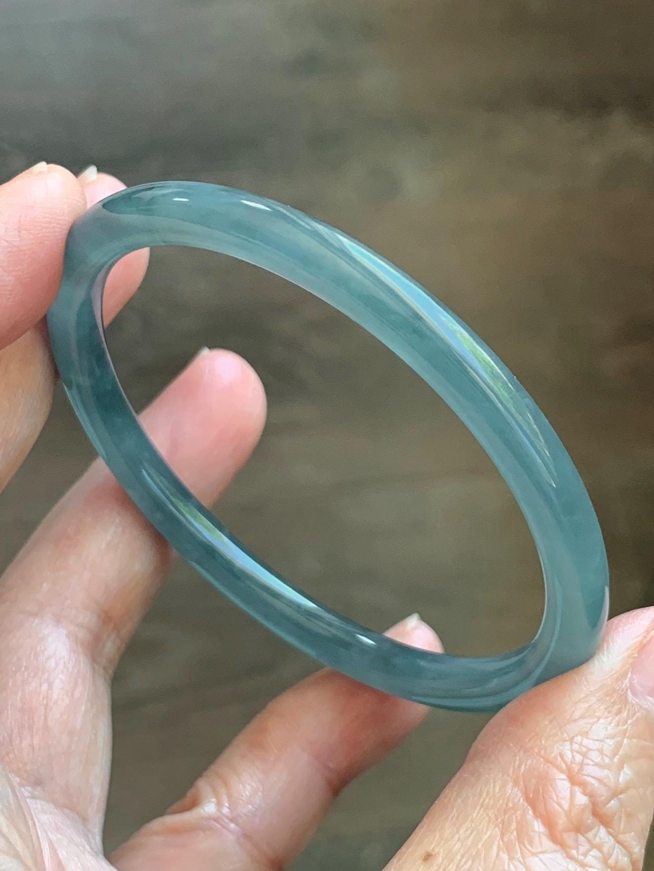 Certified Natural Grade A Guatemalan Icy Translucent Light Dusty Teal Blue Jade Jadeite Slim Bangle 55.88mm 6.9” 17.3g 天然冰胶危浅蓝绿翡翠细圆条手镯 1209