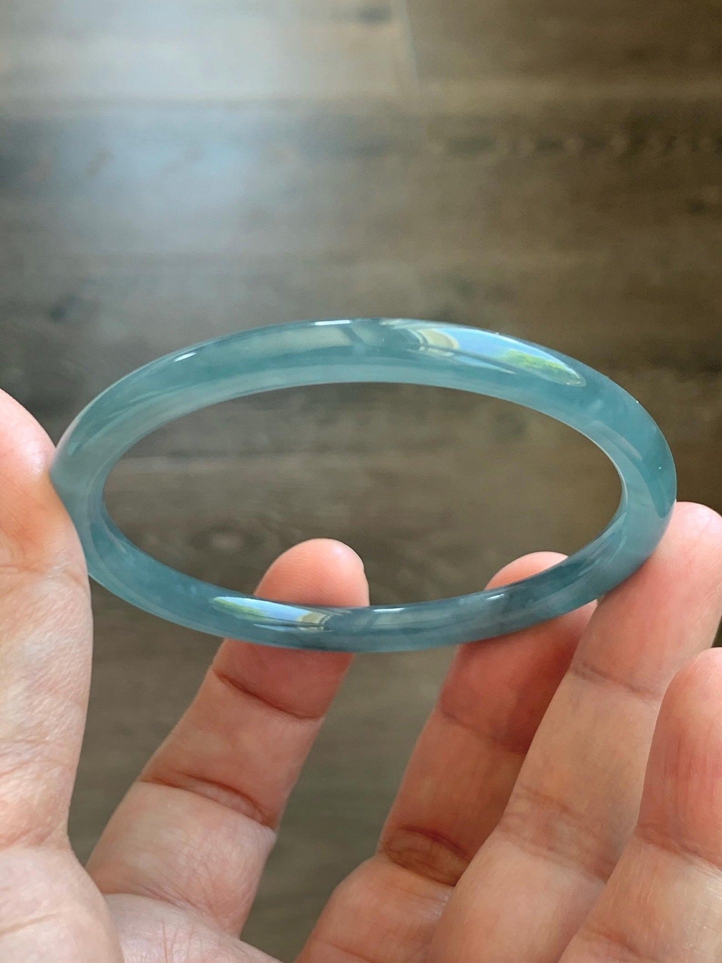 Certified Natural Grade A Guatemalan Icy Translucent Light Dusty Teal Blue Jade Jadeite Slim Bangle 55.88mm 6.9” 17.3g 天然冰胶危浅蓝绿翡翠细圆条手镯 1209