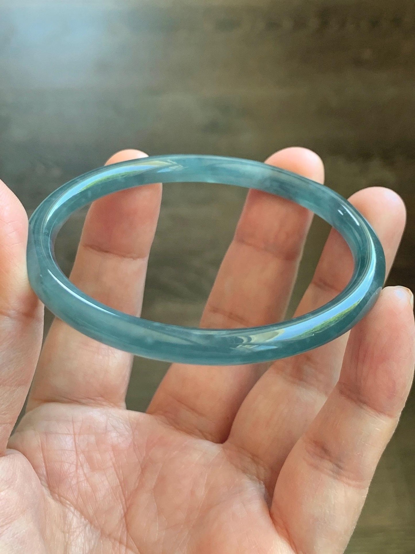 Certified Natural Grade A Guatemalan Icy Translucent Light Dusty Teal Blue Jade Jadeite Slim Bangle 55.88mm 6.9” 17.3g 天然冰胶危浅蓝绿翡翠细圆条手镯 1209