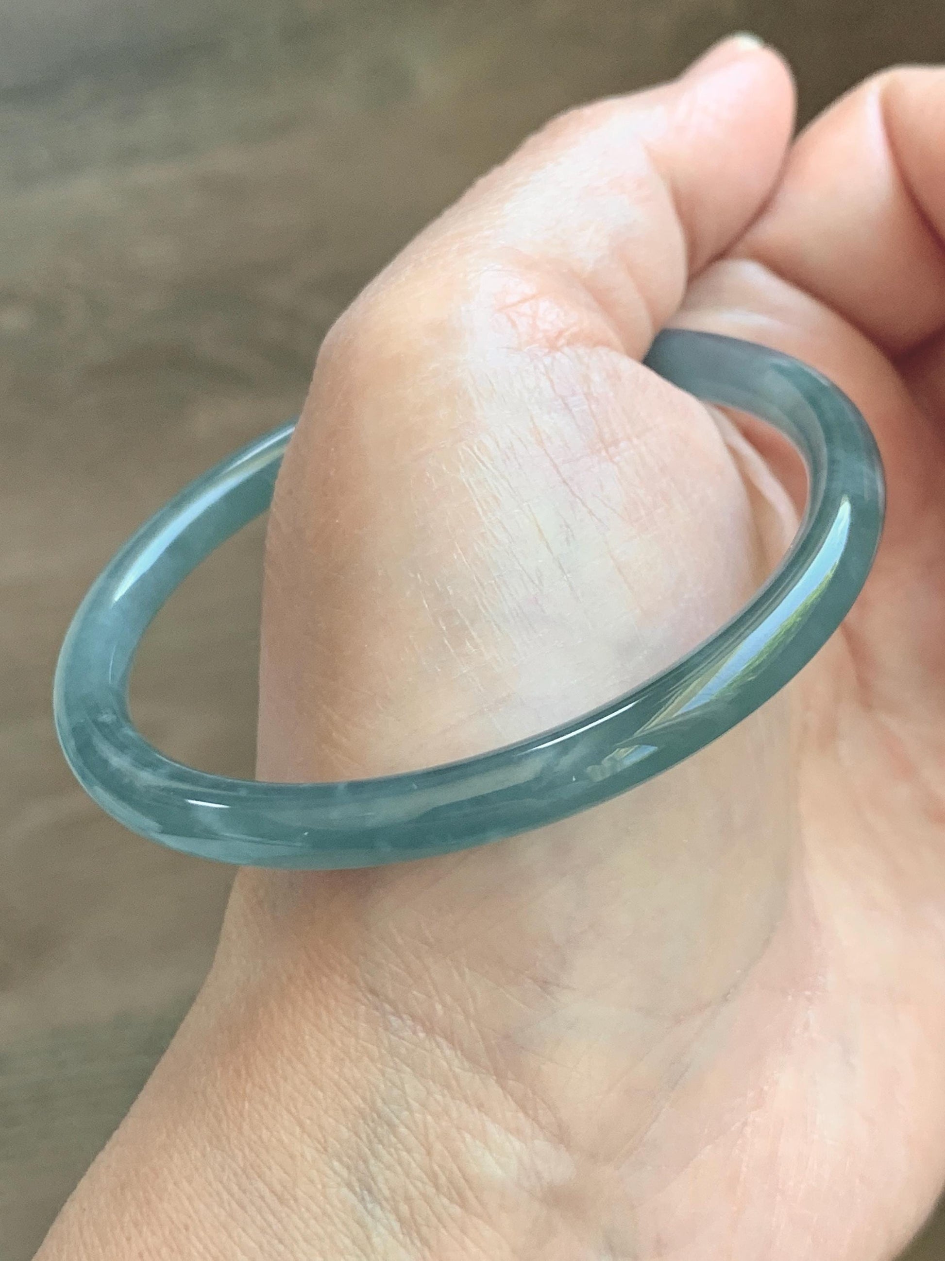 Certified Natural Grade A Guatemalan Icy Translucent Light Dusty Teal Blue Jade Jadeite Slim Bangle 55.88mm 6.9” 17.3g 天然冰胶危浅蓝绿翡翠细圆条手镯 1209