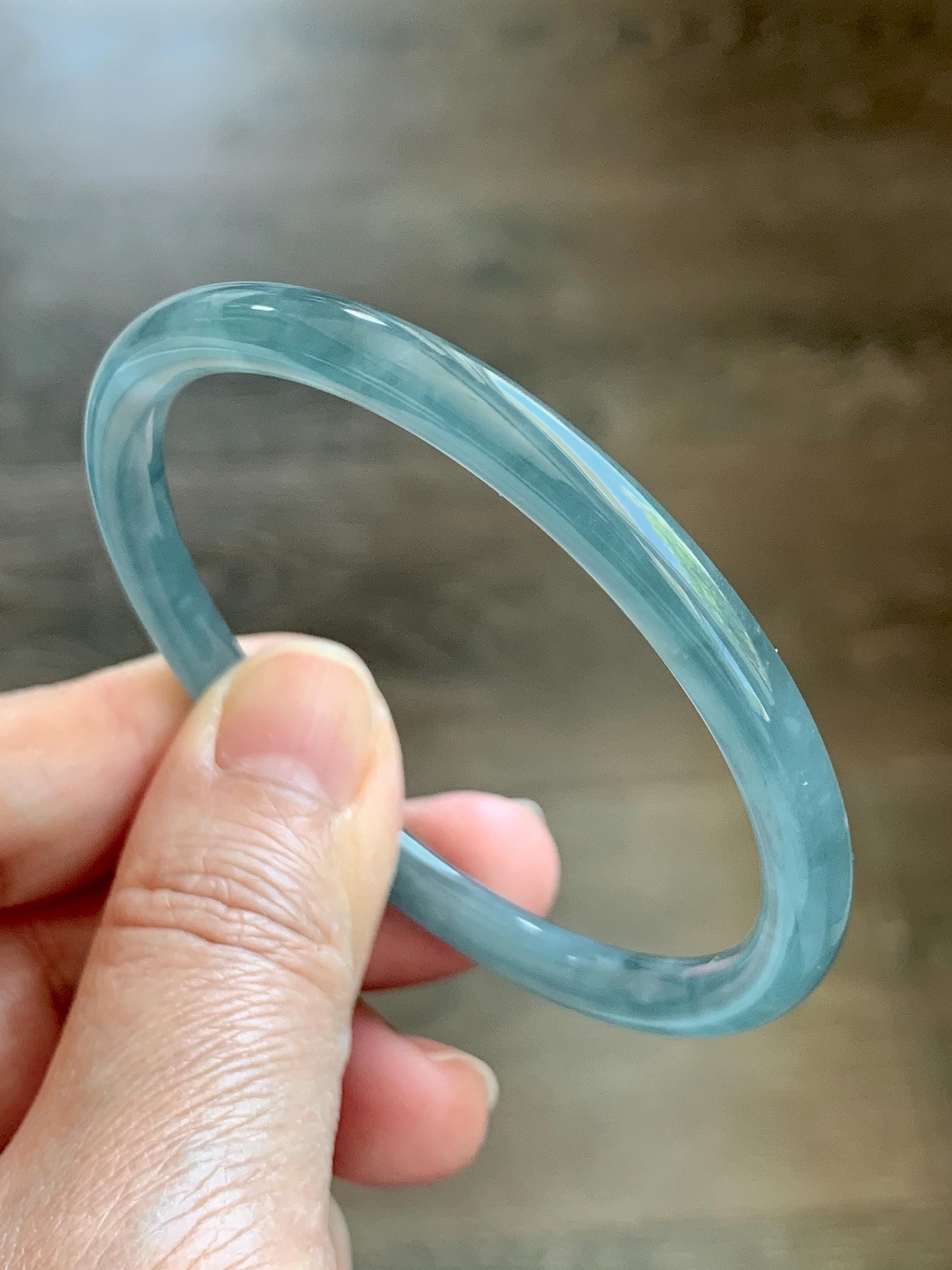 Certified Natural Grade A Guatemalan Icy Translucent Light Dusty Teal Blue Jade Jadeite Slim Bangle 55.88mm 6.9” 17.3g 天然冰胶危浅蓝绿翡翠细圆条手镯 1209