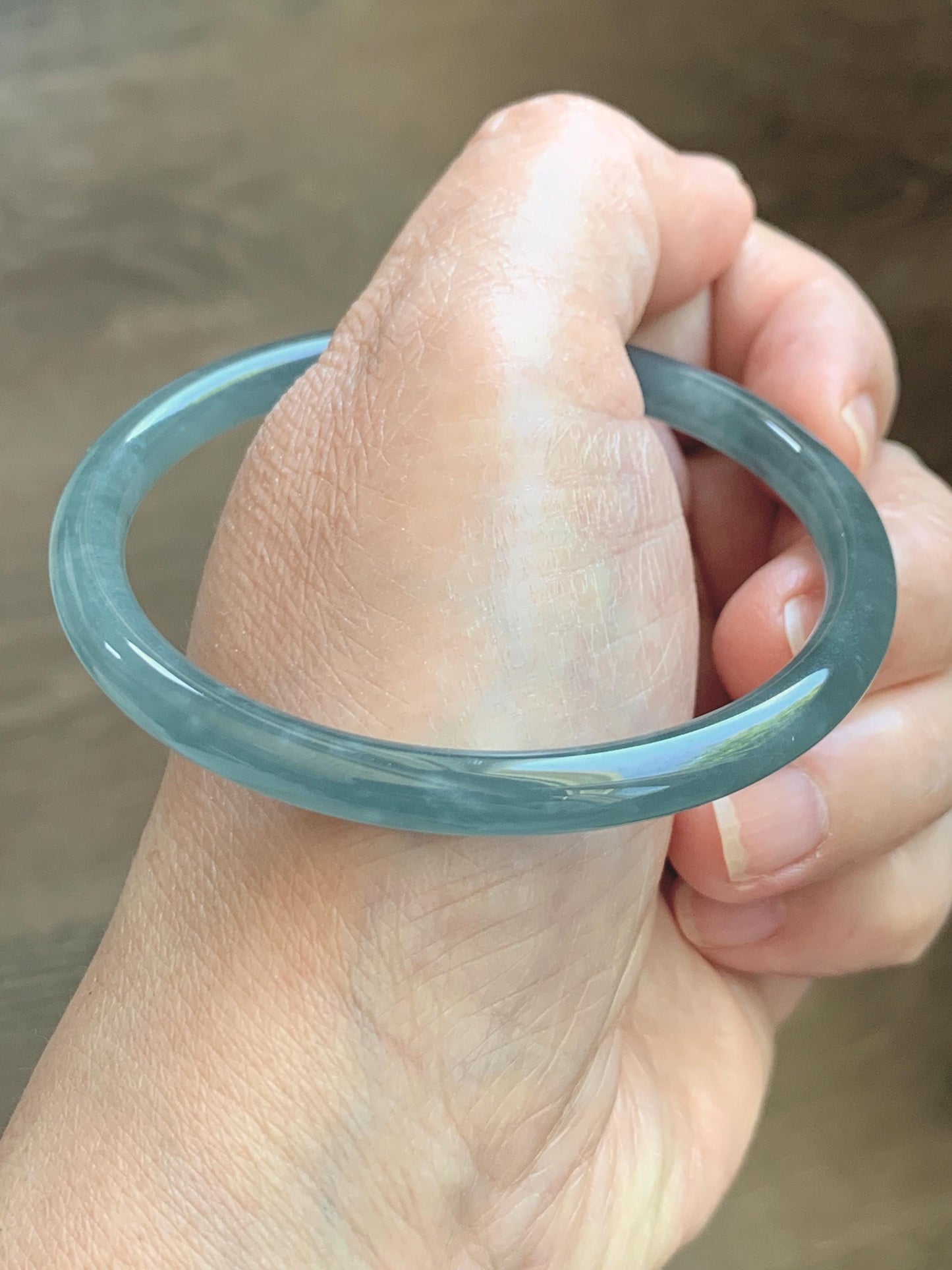 Certified Natural Grade A Guatemalan Icy Translucent Light Dusty Teal Blue Jade Jadeite Slim Bangle 55.88mm 6.9” 17.3g 天然冰胶危浅蓝绿翡翠细圆条手镯 1209