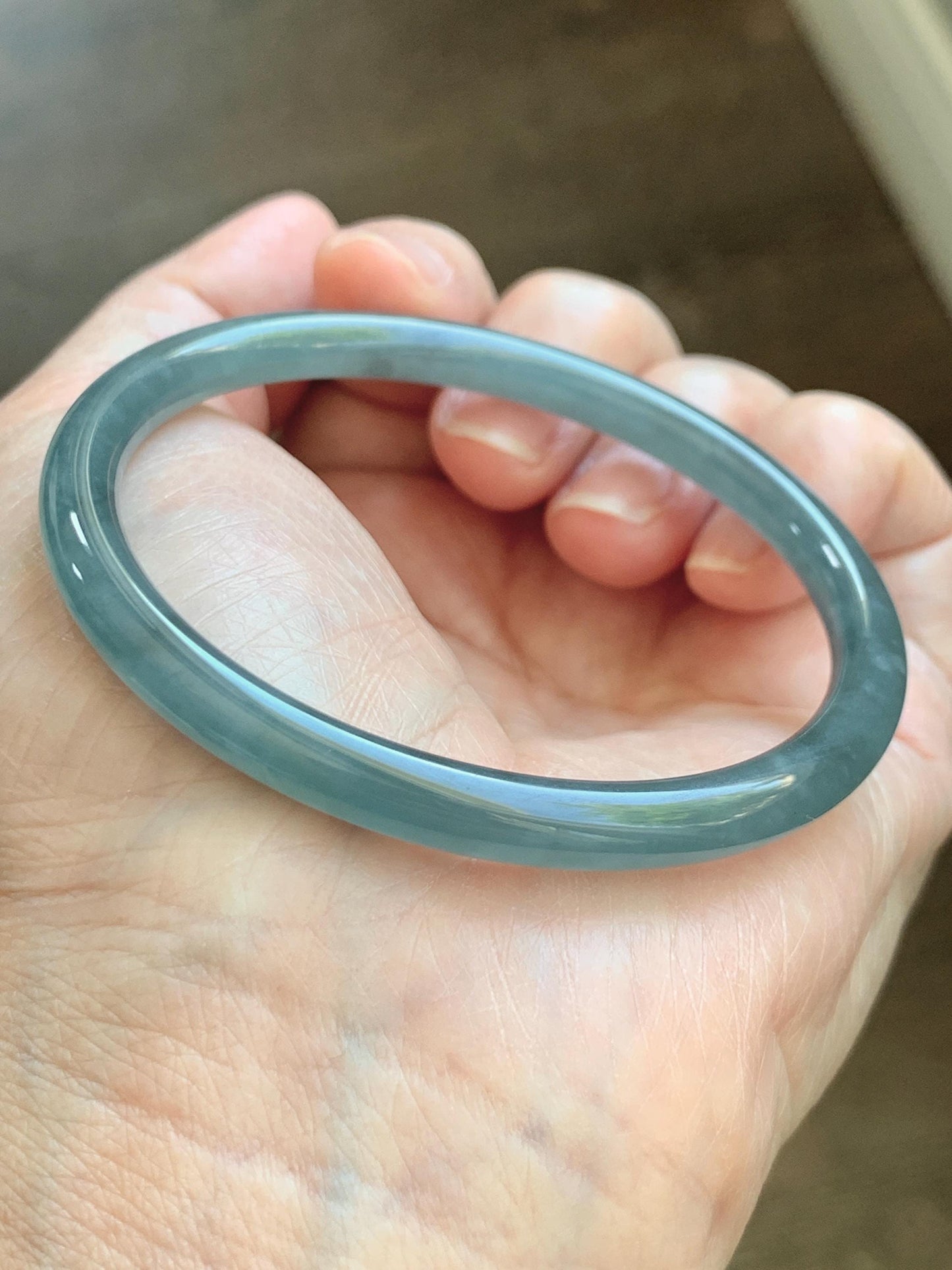 Certified Natural Grade A Guatemalan Icy Translucent Light Dusty Teal Blue Jade Jadeite Slim Bangle 55.88mm 6.9” 17.3g 天然冰胶危浅蓝绿翡翠细圆条手镯 1209