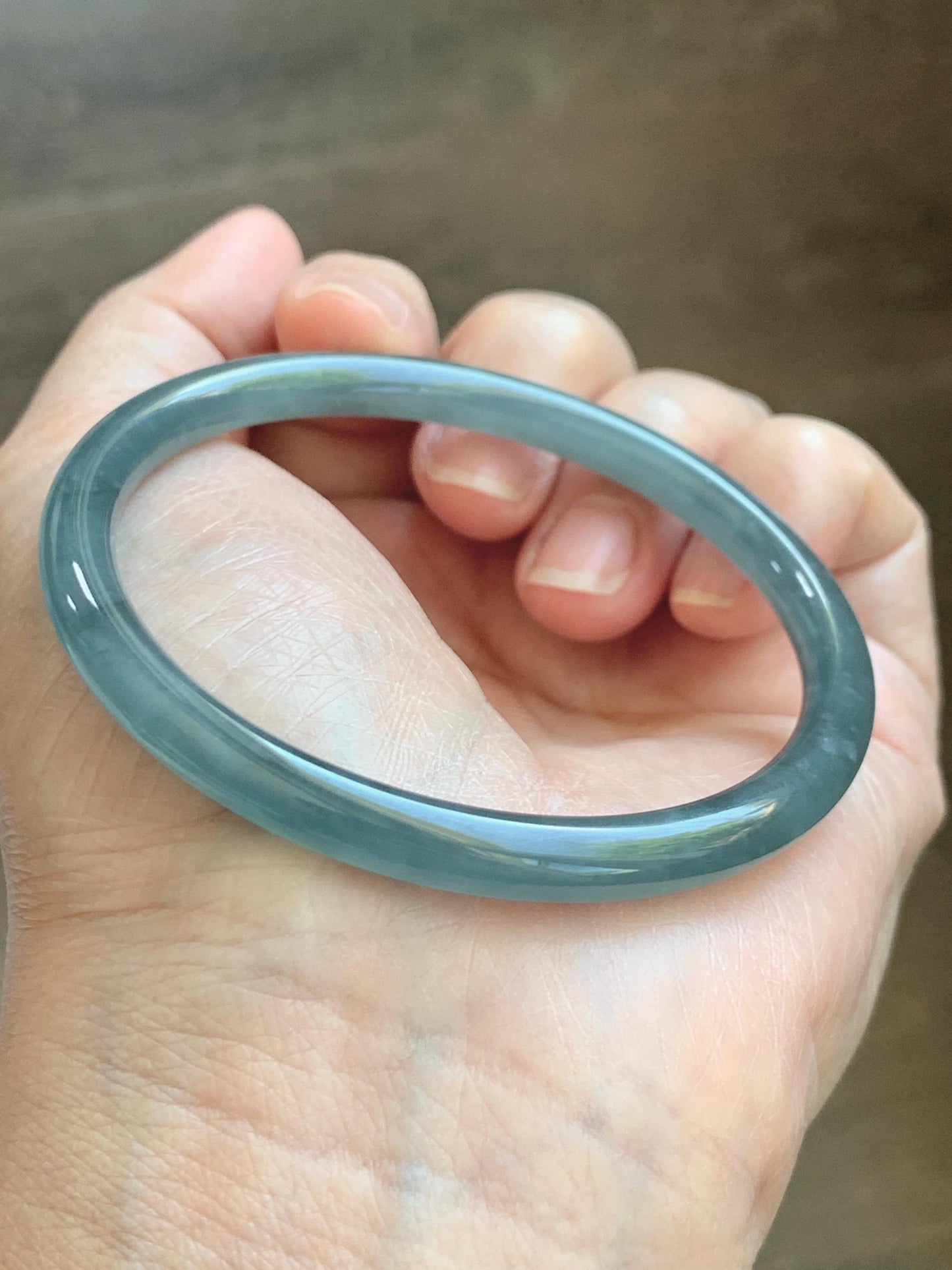 Certified Natural Grade A Guatemalan Icy Translucent Light Dusty Teal Blue Jade Jadeite Slim Bangle 55.88mm 6.9” 17.3g 天然冰胶危浅蓝绿翡翠细圆条手镯 1209