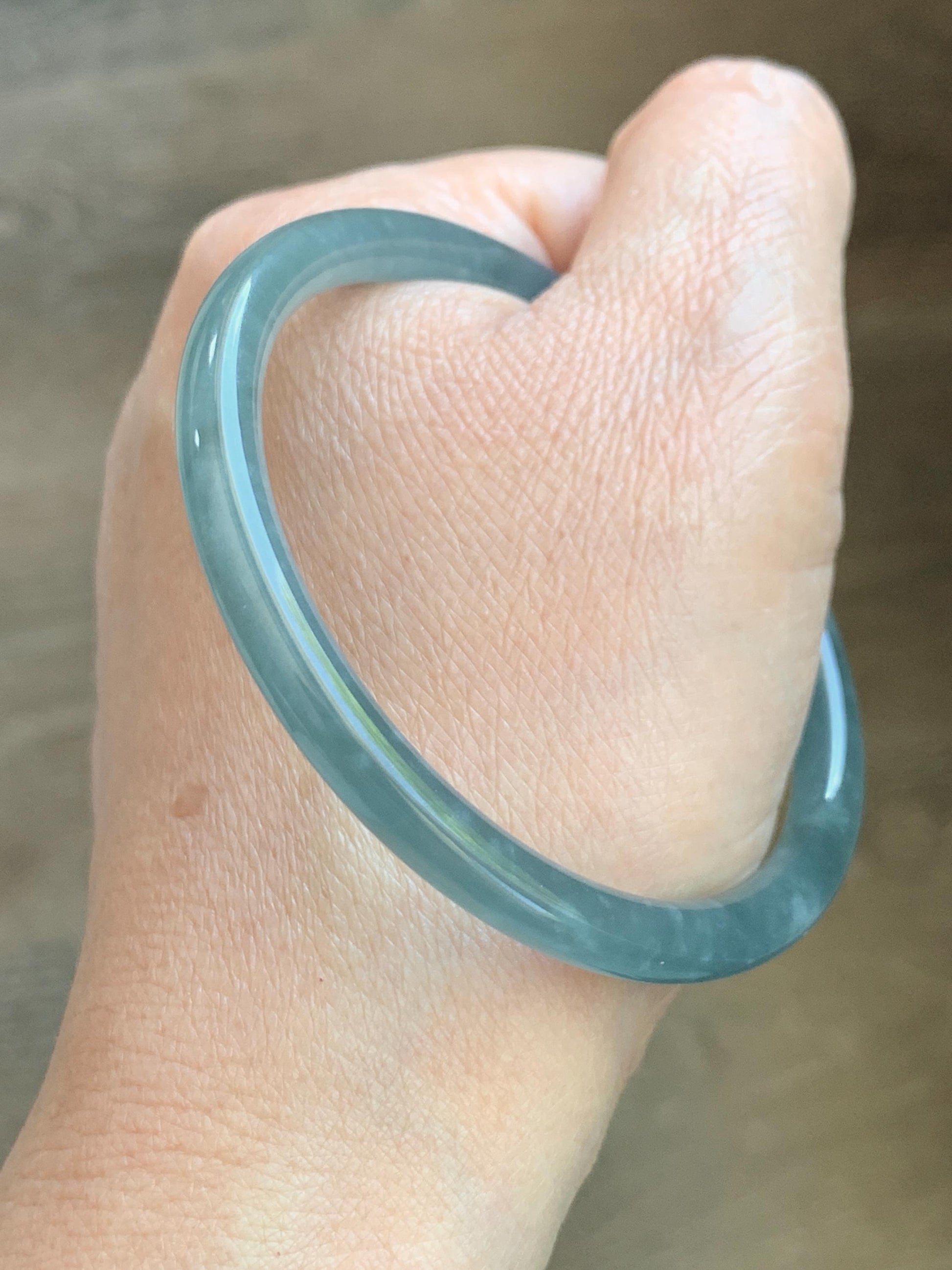 Certified Natural Grade A Guatemalan Icy Translucent Light Dusty Teal Blue Jade Jadeite Slim Bangle 55.88mm 6.9” 17.3g 天然冰胶危浅蓝绿翡翠细圆条手镯 1209