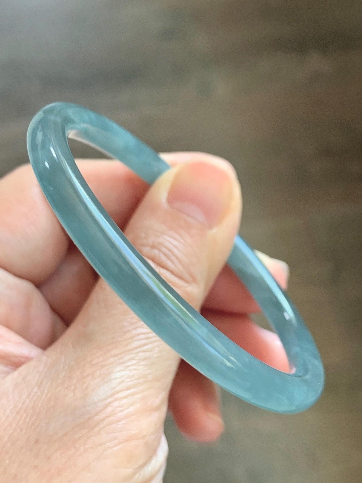 Certified Natural Grade A Guatemalan Icy Translucent Dusty Teal Blue Jade Jadeite Slim Bangle 55.93mm 6.91” 19g 天然冰胶危蓝绿翡翠细圆条手镯 1208