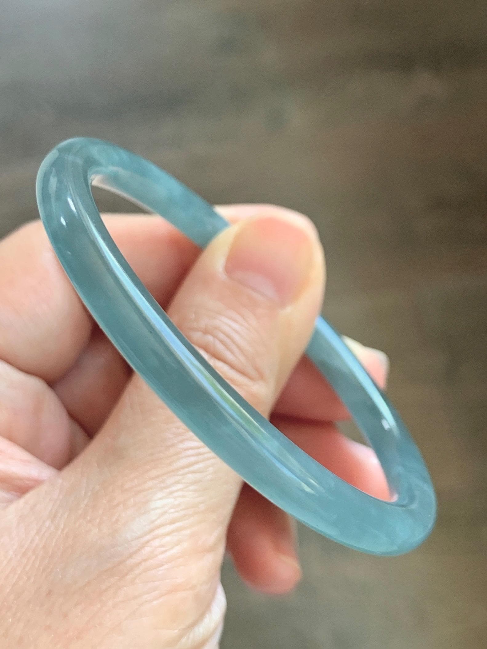 Certified Natural Grade A Guatemalan Icy Translucent Dusty Teal Blue Jade Jadeite Slim Bangle 55.93mm 6.91” 19g 天然冰胶危蓝绿翡翠细圆条手镯 1208