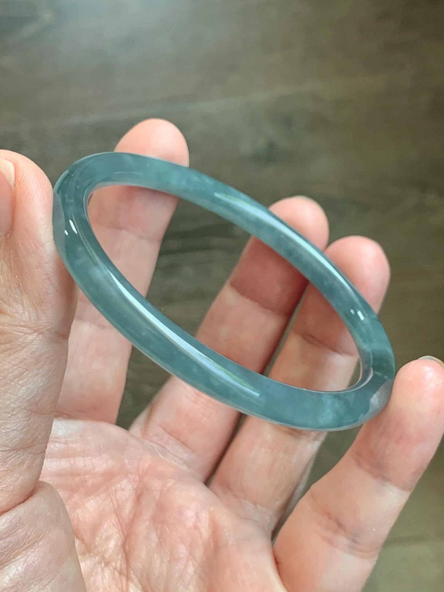 Certified Natural Grade A Guatemalan Icy Translucent Dusty Teal Blue Jade Jadeite Slim Bangle 55.93mm 6.91” 19g 天然冰胶危蓝绿翡翠细圆条手镯 1208