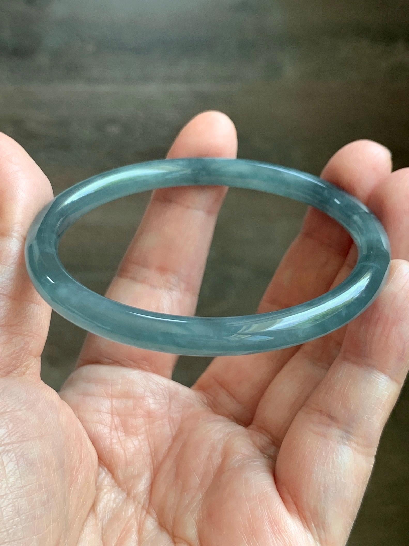 Certified Natural Grade A Guatemalan Icy Translucent Dusty Teal Blue Jade Jadeite Slim Bangle 55.93mm 6.91” 19g 天然冰胶危蓝绿翡翠细圆条手镯 1208